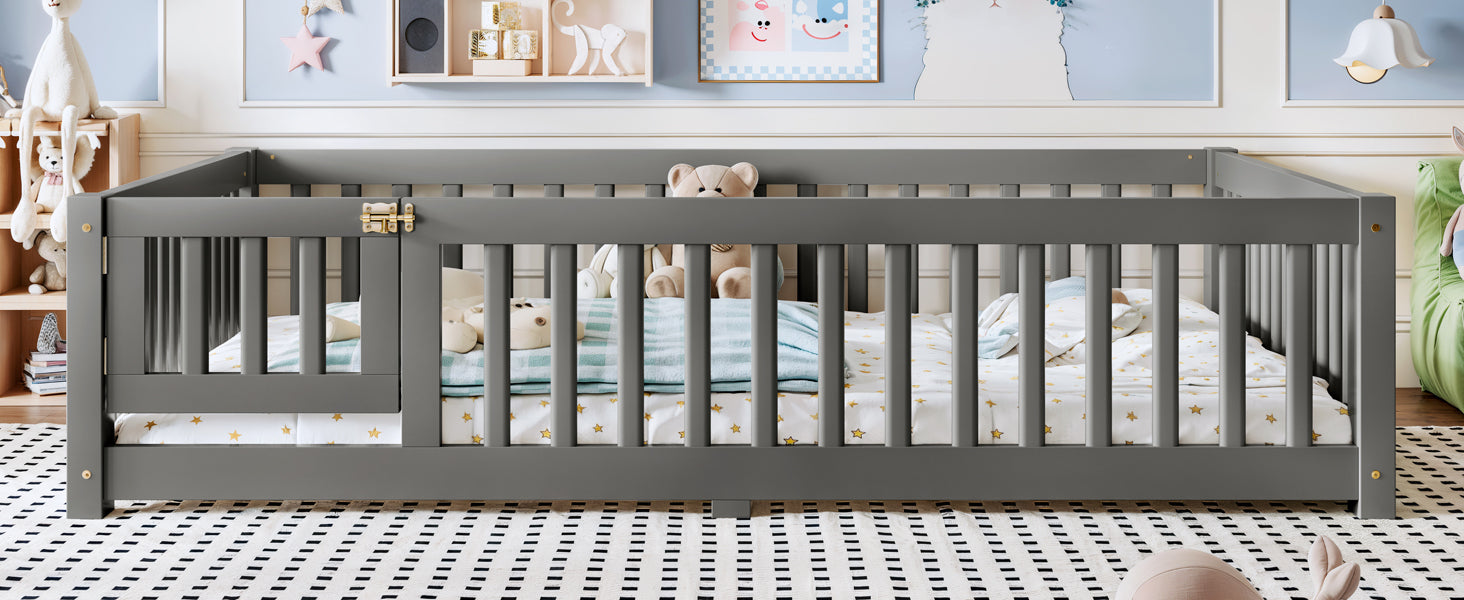 Full Size Bed Floor Bed with Safety Guardrails and Door for Kids, Gray