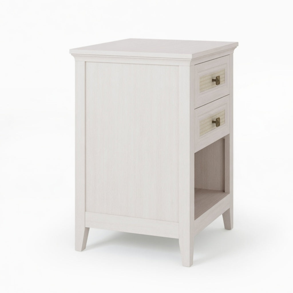 17.7" White Rattan Nightstand Boho Bedside Table w 2 Drawers & Shelf