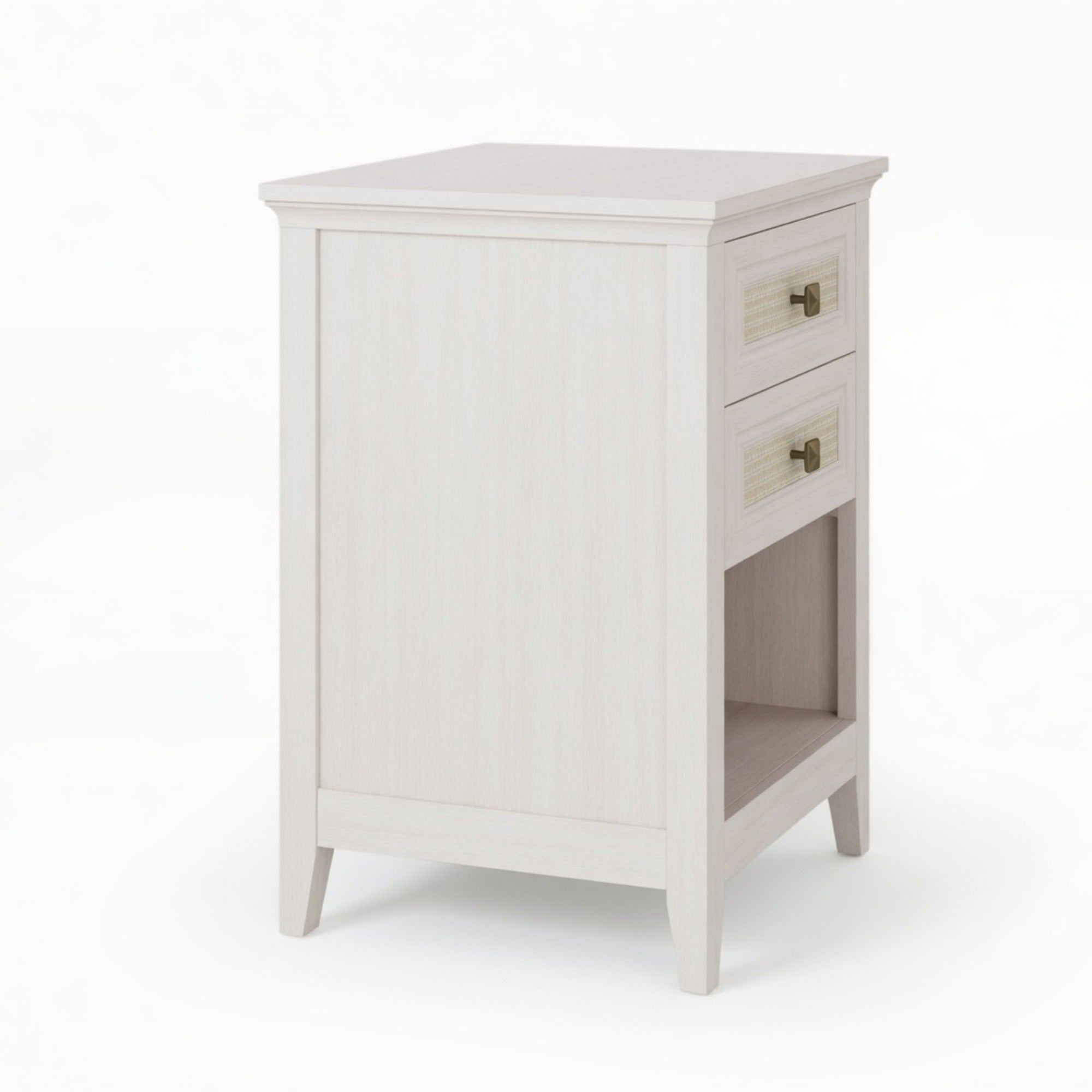 17.7" White Rattan Nightstand Boho Bedside Table w 2 Drawers & Shelf
