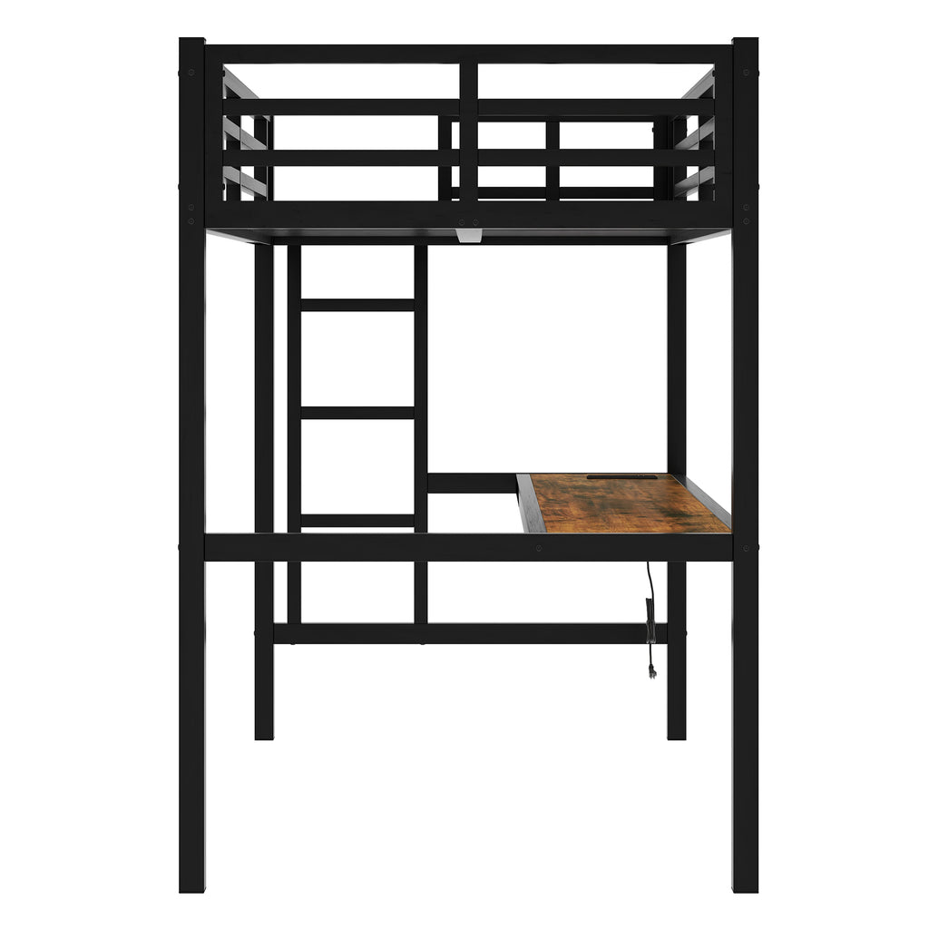 Metal Twin XL Size Loft Bed with Power Outlet and LED Lighted, Space Saving, Noise Reduced, Black