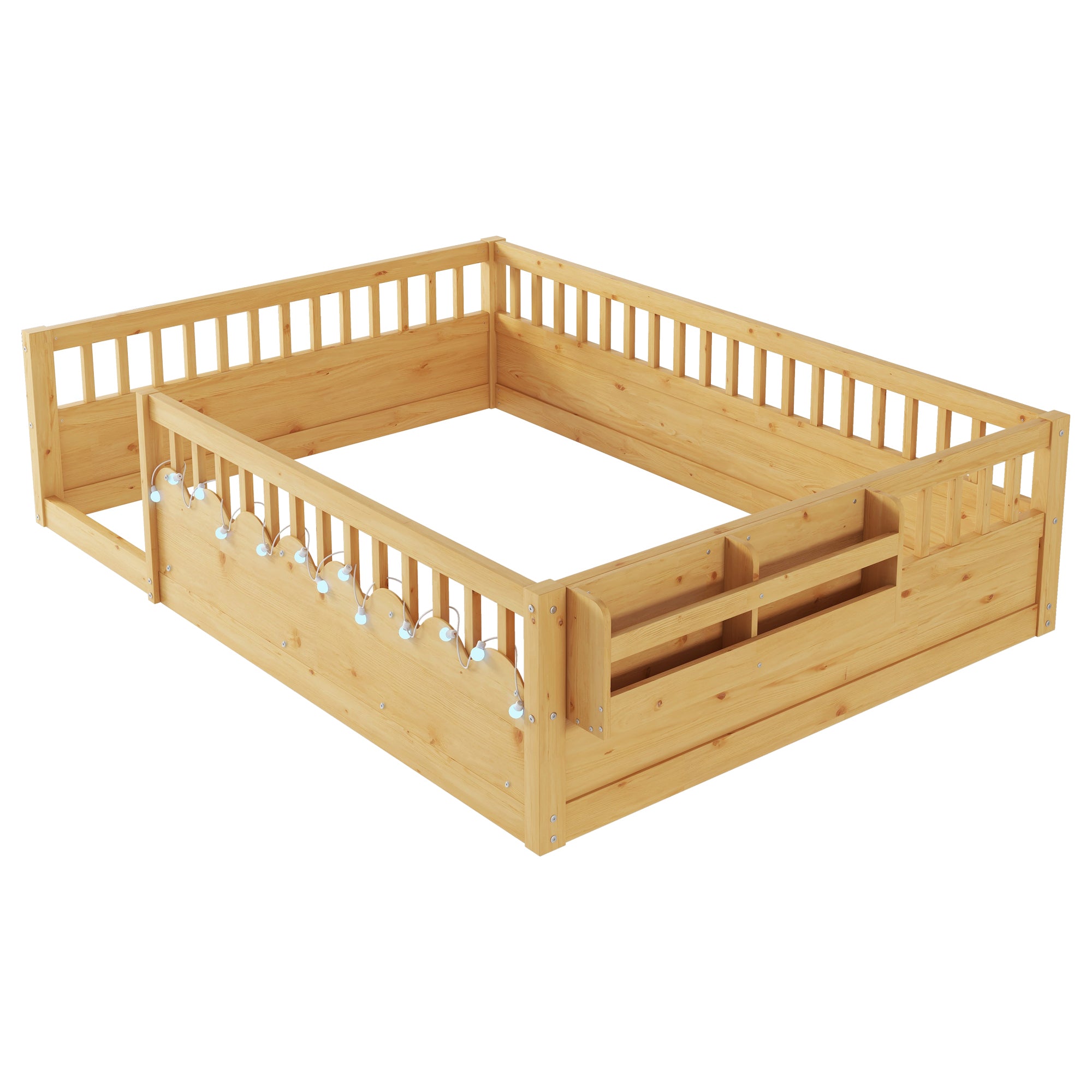Full Montessori Floor Bed Frame with High Rails, Wood Kids Floor Beds with Light and Storage Shelf, Natural Expect Arrival Date 2025 8 15