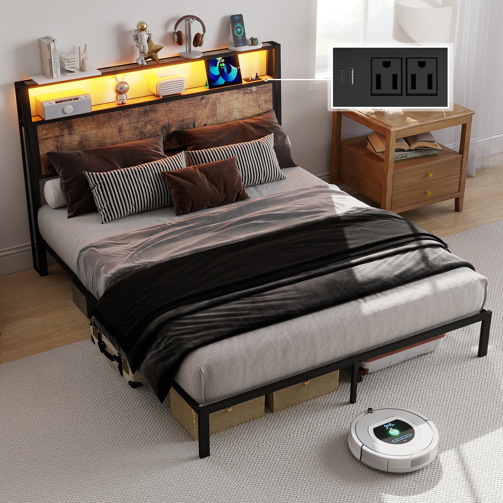 Queen Size Bed Frame with Headboard, RGB LED Light & Charging Station & Under Bed Storage Space, Easy Assembly Vintage Brown Old sku:T3963P483788