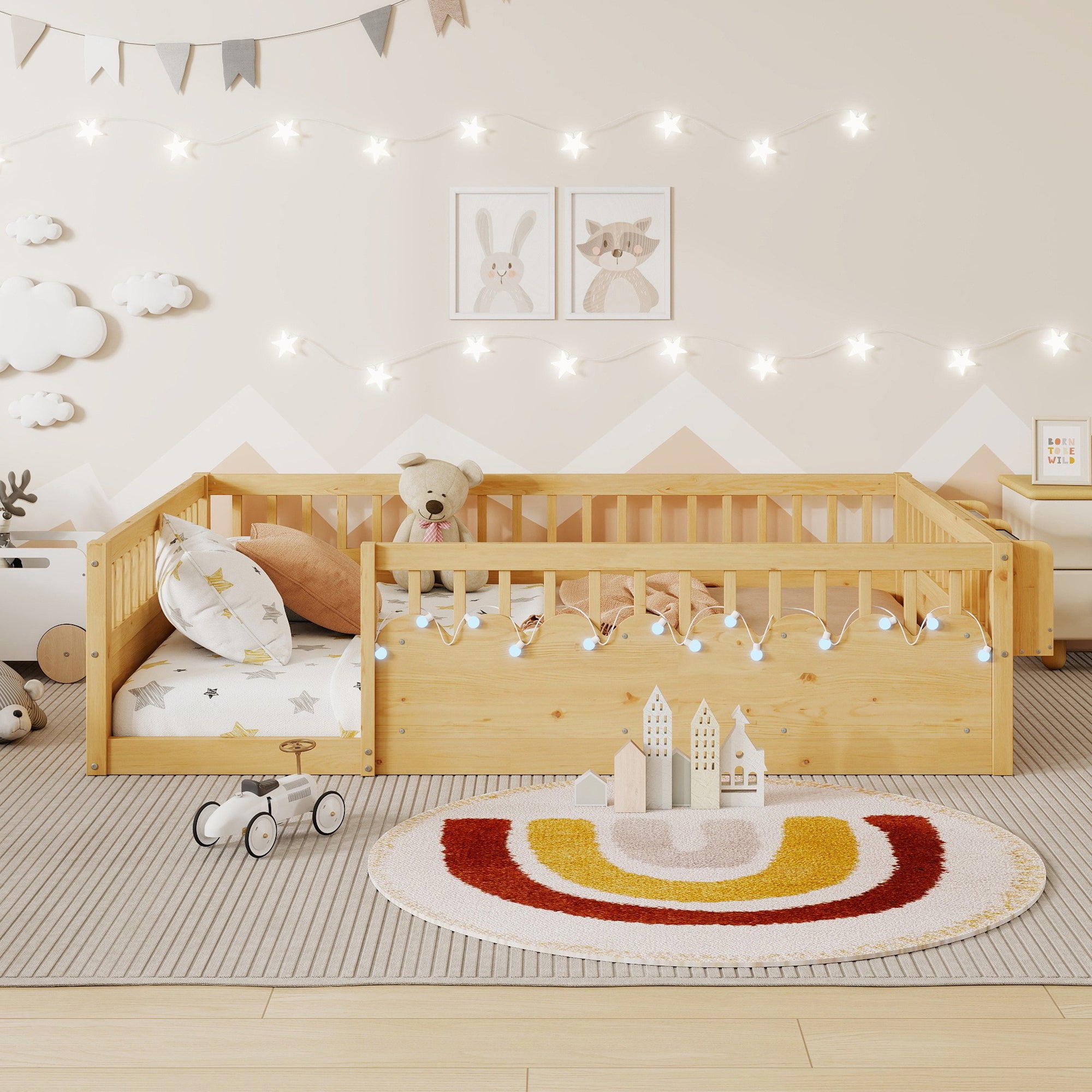 Full Montessori Floor Bed Frame with High Rails, Wood Kids Floor Beds with Light and Storage Shelf, Natural Expect Arrival Date 2025 8 15