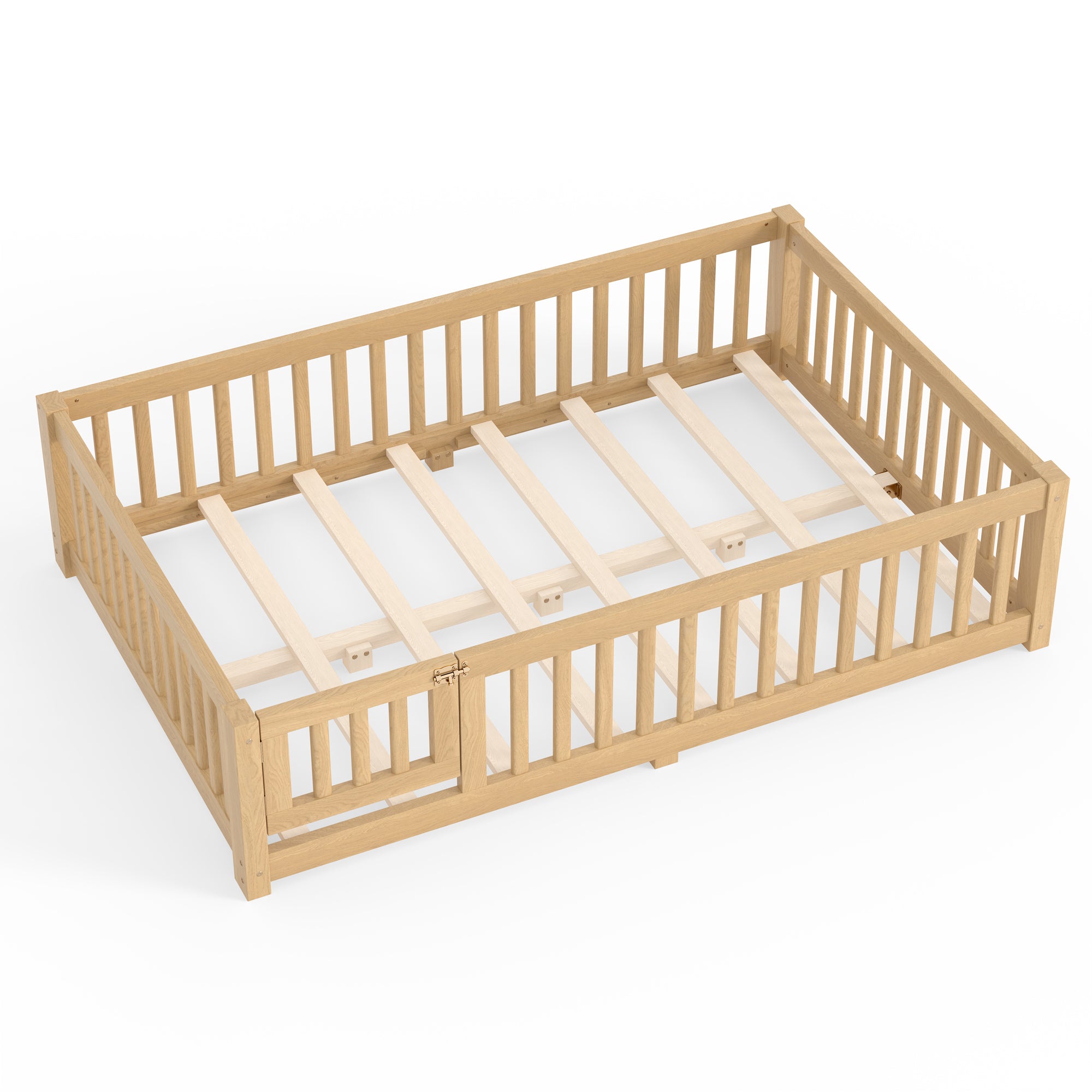 Full Size Bed Floor Bed with Safety Guardrails and Door for Kids, Natural