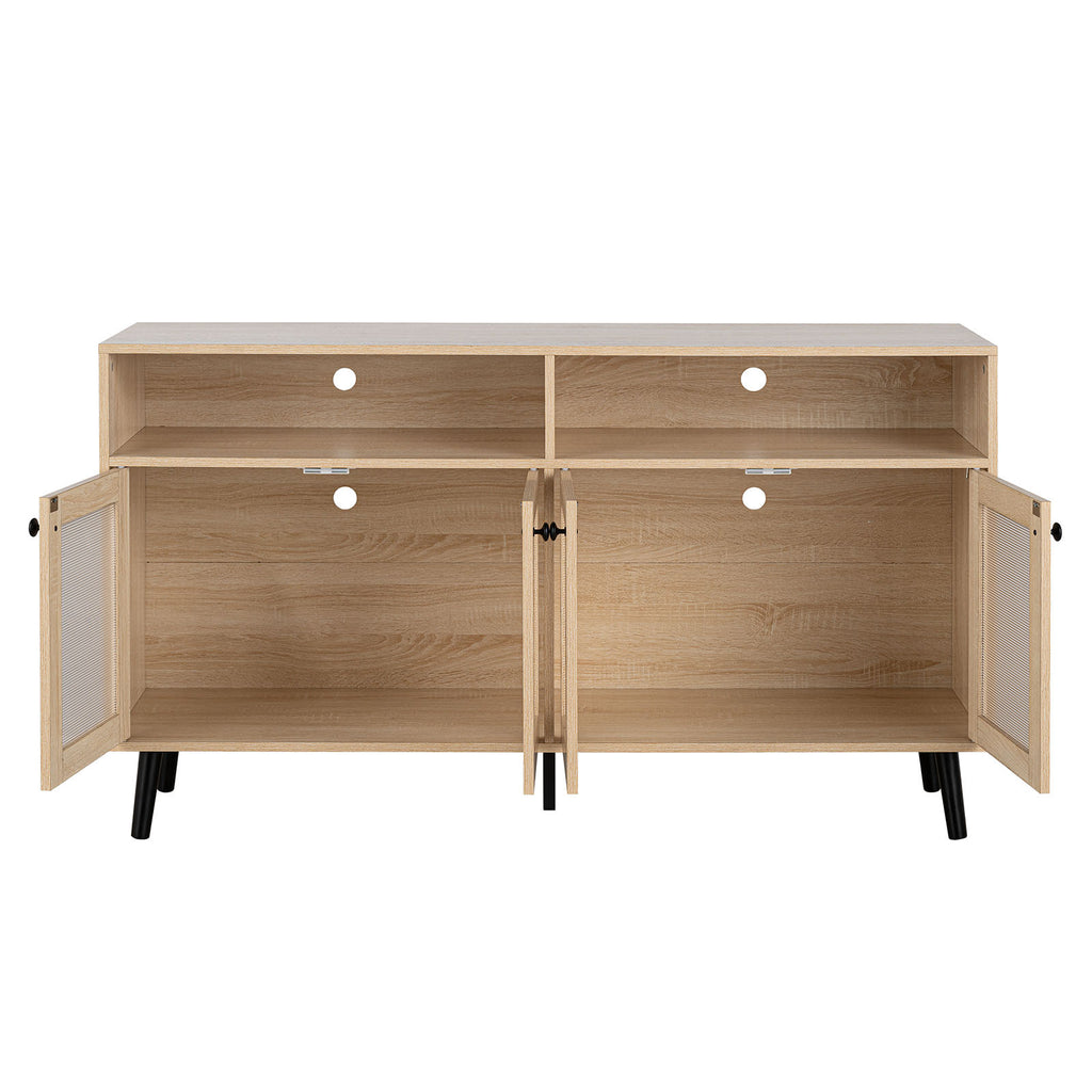Mid Century Modern TV Stand Tapered Leg Round Knobs Cabinet Doors Natural Finish Primary Living Room