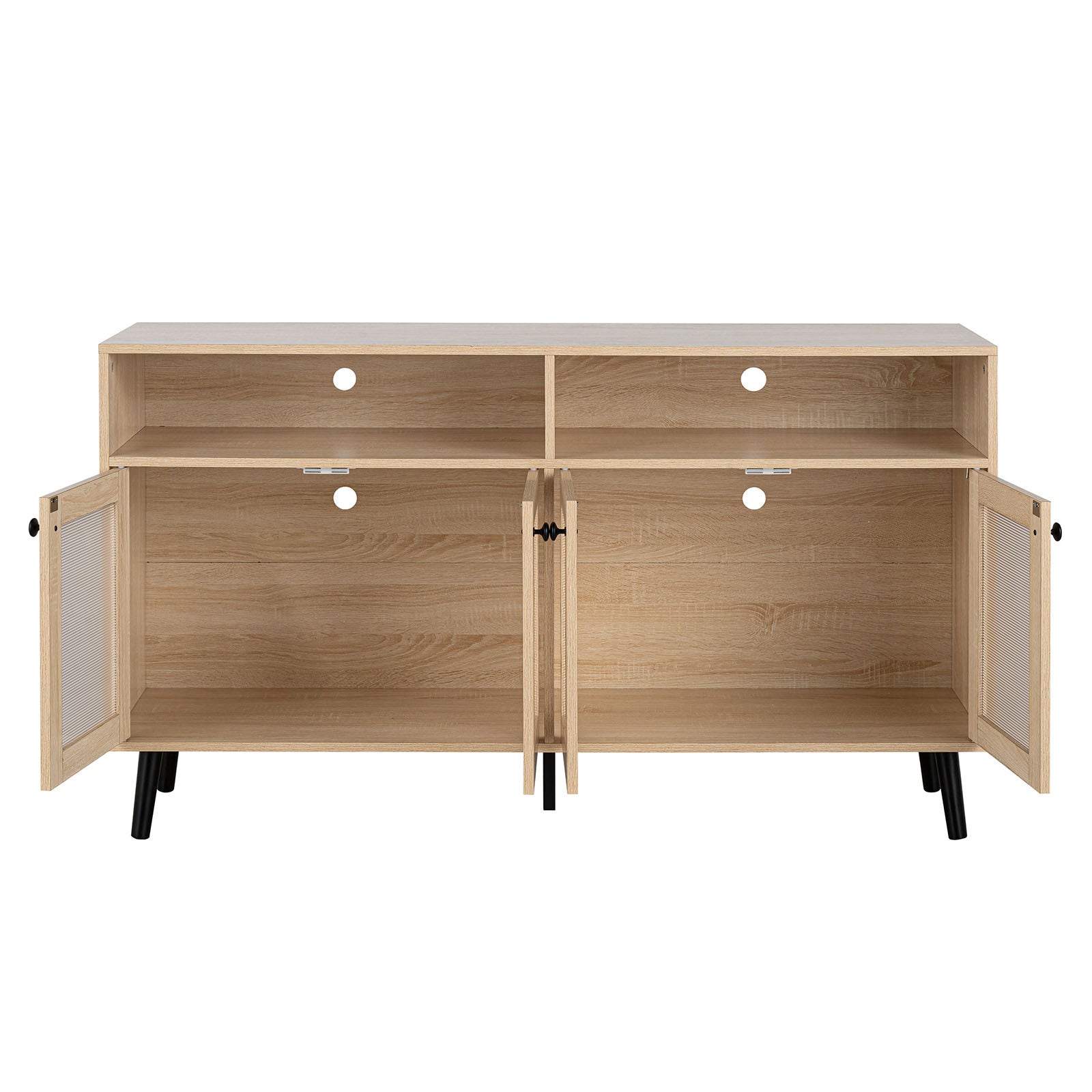 Mid Century Modern TV Stand Tapered Leg Round Knobs Cabinet Doors Natural Finish Primary Living Room