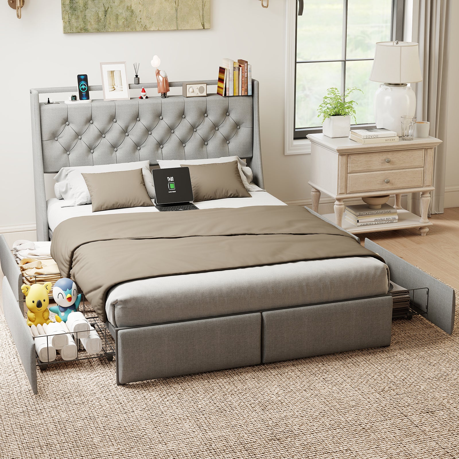 Queen Metal Platform Bed Frame Grey, Storage Headboard with RGB LED & Charging Station