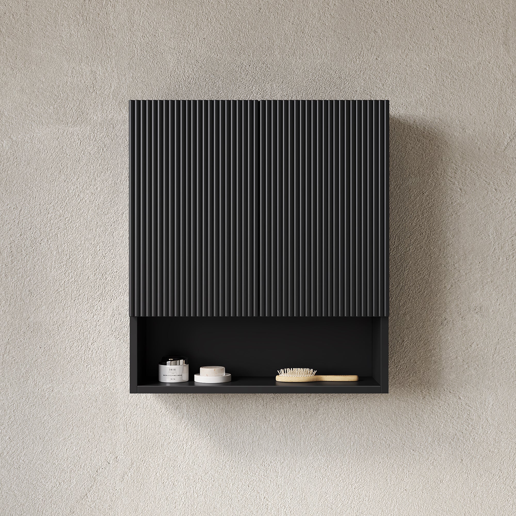 TOBI 26" Wall Mounted Striped Bathroom Cabinet, with Doors, Shelf and Open Storage Compartment Over The Toilet Storage Cabinet for Bathroom, Kitchen, Laundry Room, Black Color