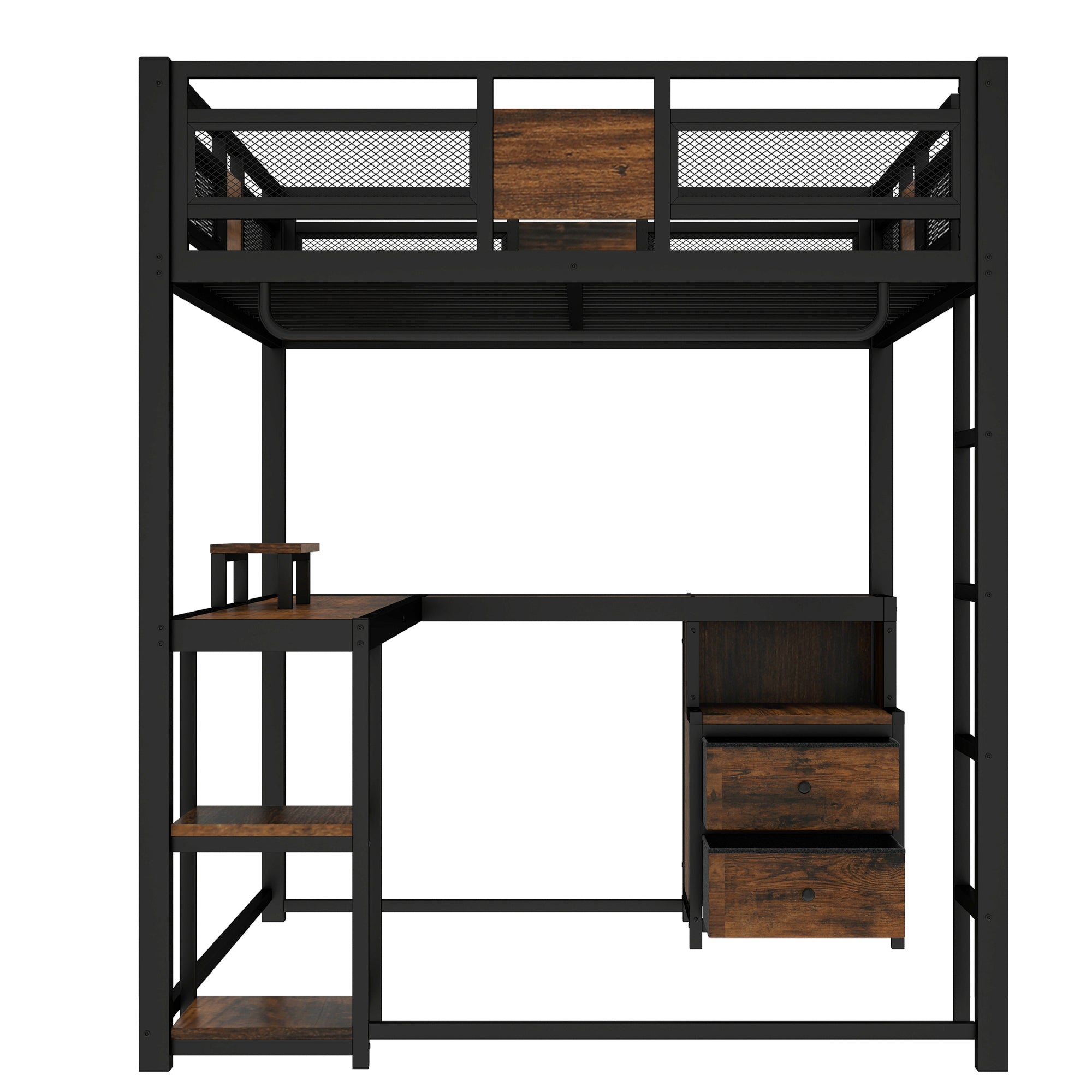 Queen Loft Bed with Desk and Storage Non woven Fabric Drawers, Metal Loft Bed Frame with Ladders, Nosie free and No Spring Box Needed, Black