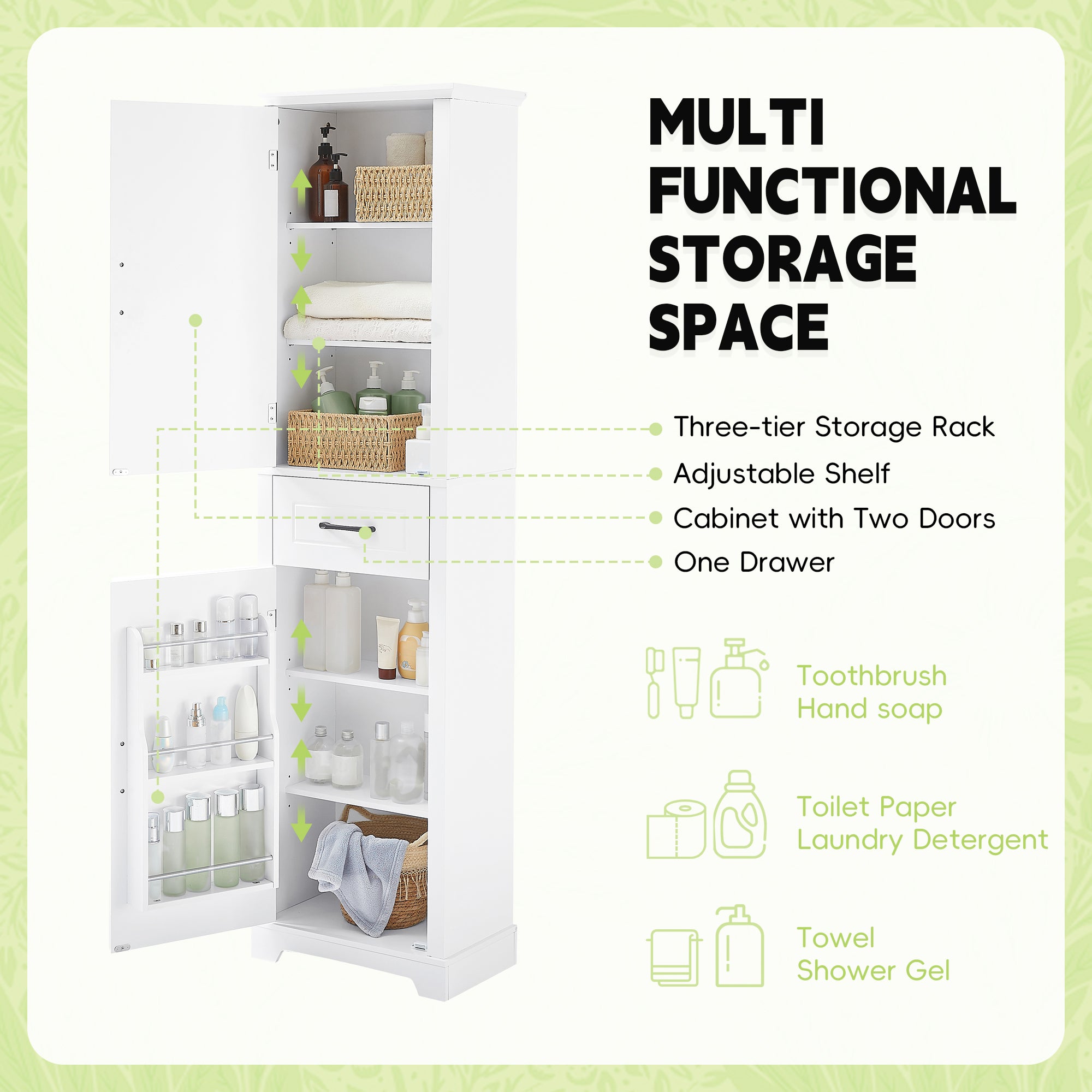 Tall Bathroom Storage Cabinet, Freestanding Storage Cabinet with Two Doors and Adjustable Shelves, Door Shelve Design, MDF Board with Painted Finish, White