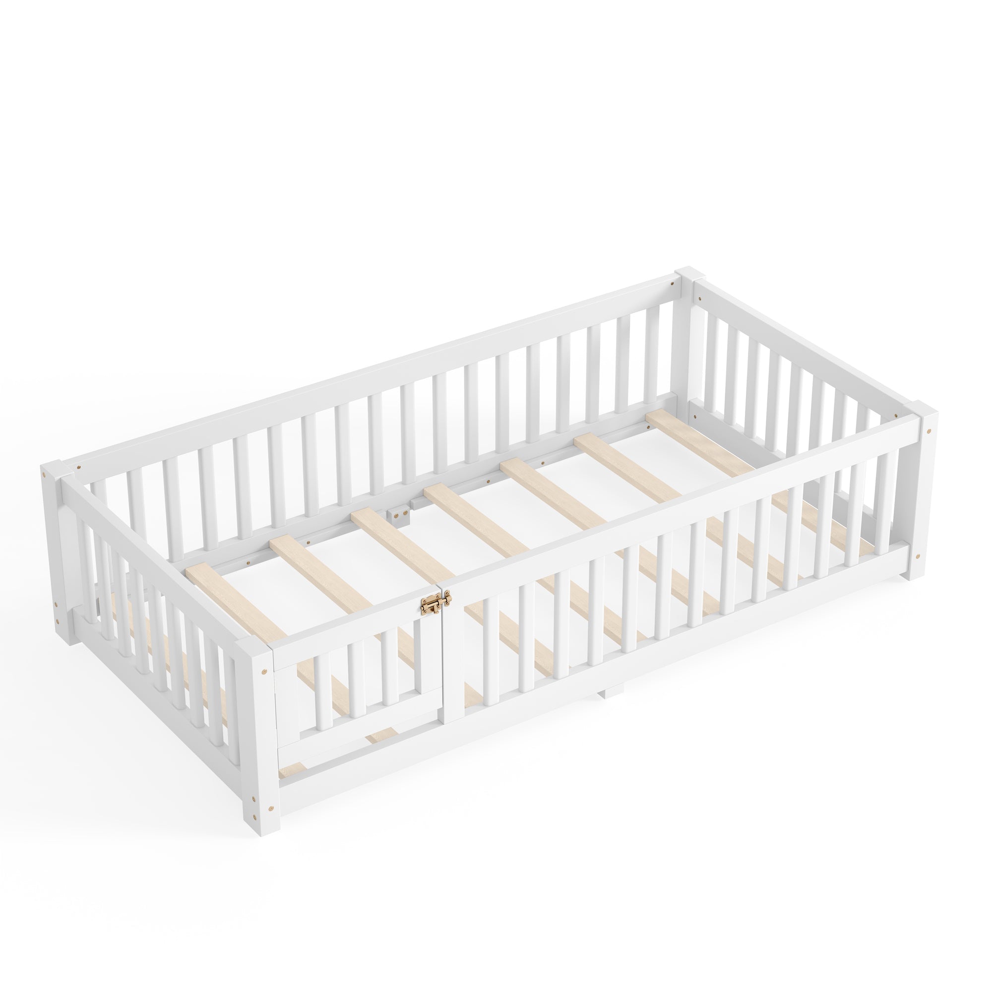 Twin Size Bed Floor Bed with Safety Guardrails and Door for Kids, White