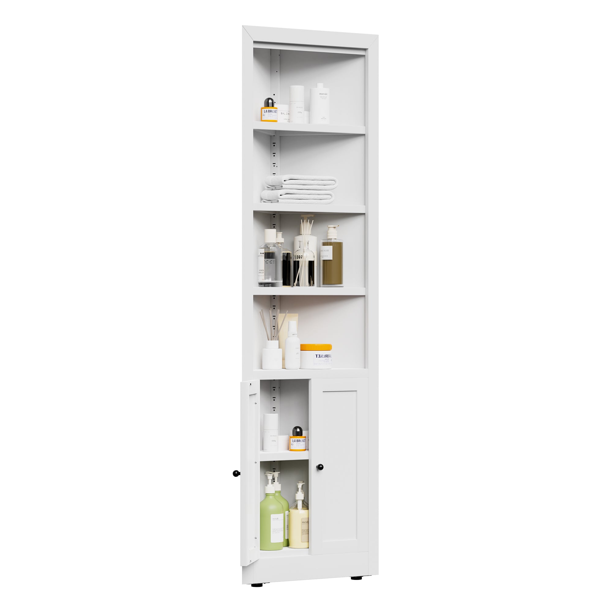 71" Tall Corner Storage Cabinet with 2 Doors, 5 Tier Metal Cabinet with Adjustable Shelves, Freestanding Kitchen Storage for Pantry, Living Room, Bathroom, Laundry Room, Space Saving Furniture, White