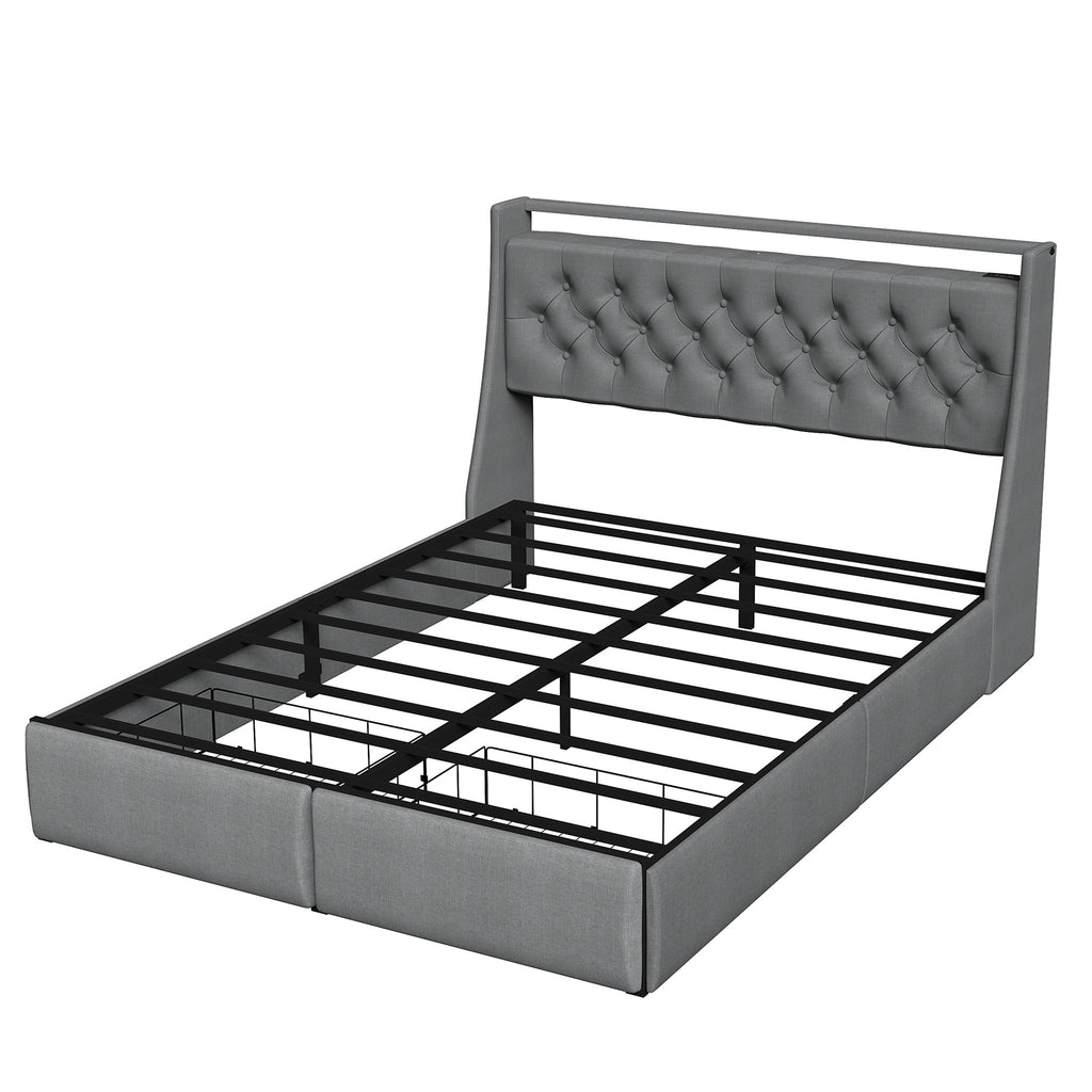 Full Size Bed Frame with Storage Headboard, RGB LED Light & USB Charging Station Grey