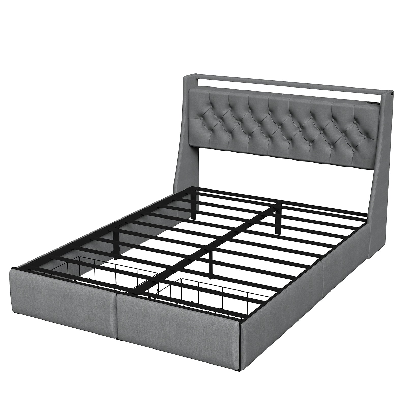 Full Size Bed Frame with Storage Headboard, RGB LED Light & USB Charging Station Grey
