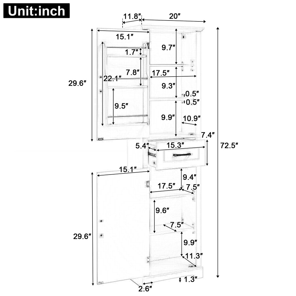 Tall Bathroom Storage Cabinet, Freestanding Storage Cabinet with Two Doors and Adjustable Shelves, Door Shelve Design, MDF Board with Painted Finish, White