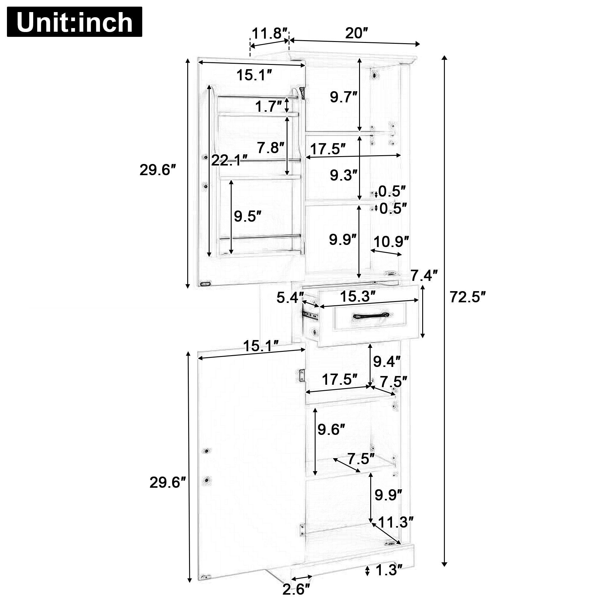 Tall Bathroom Storage Cabinet, Freestanding Storage Cabinet with Two Doors and Adjustable Shelves, Door Shelve Design, MDF Board with Painted Finish, White