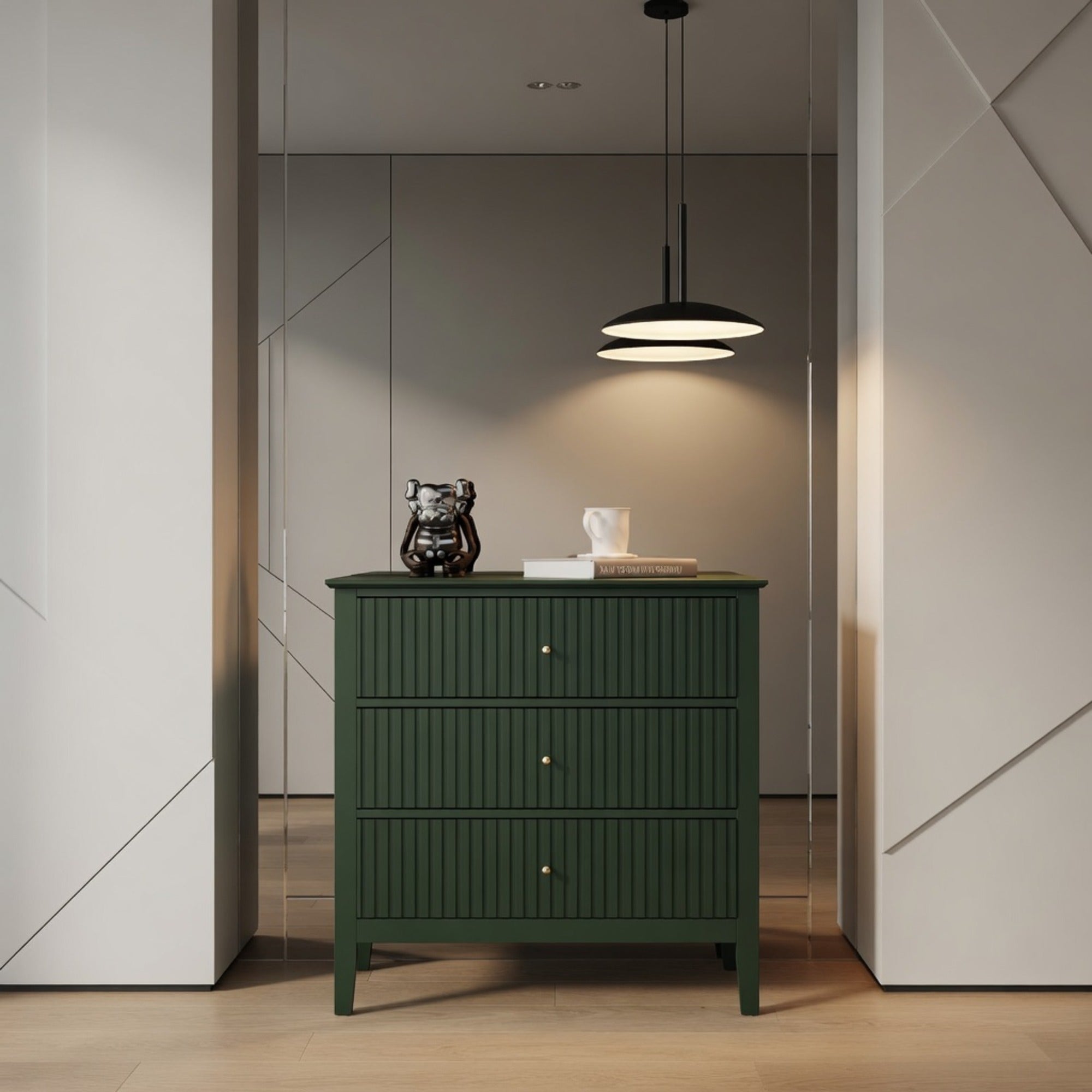 32" Wide Green Fluted 3 Drawer Nightstand, Large Modern Bedroom End Table
