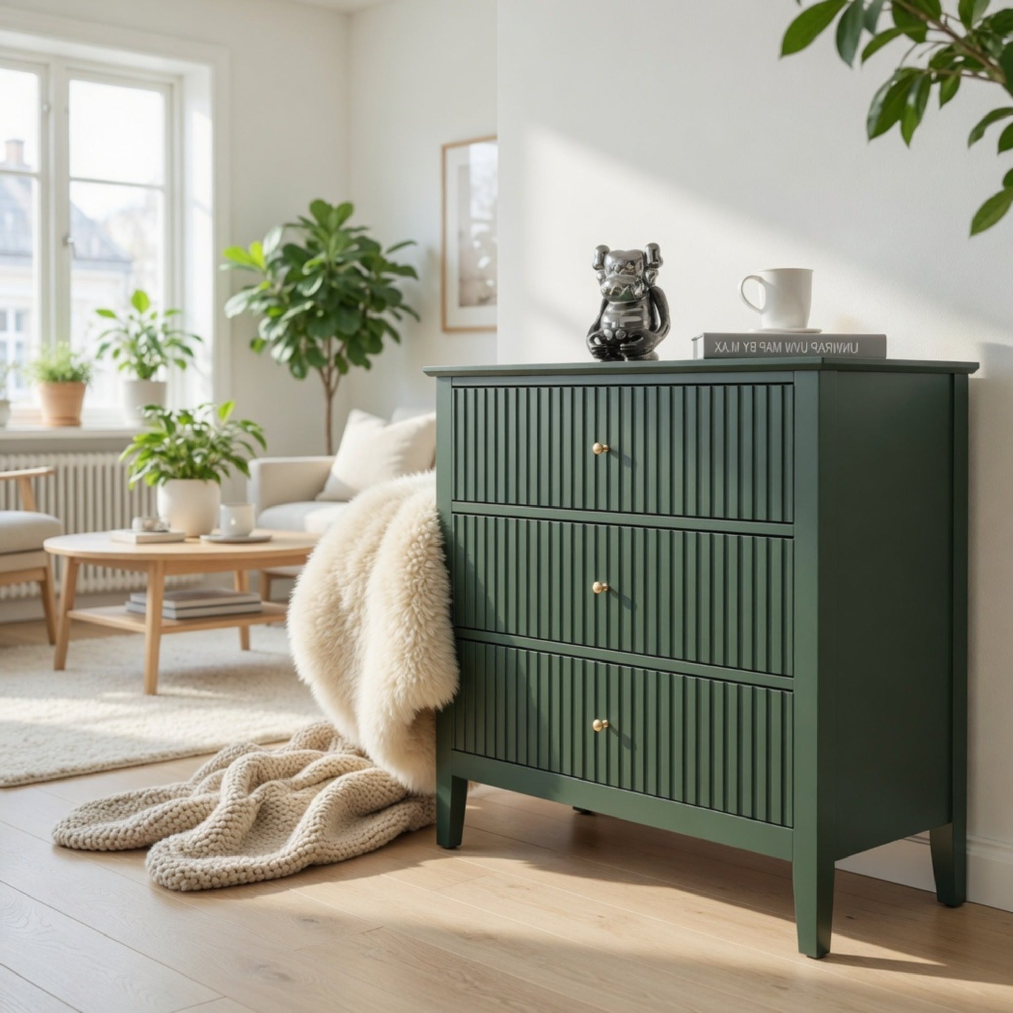 32" Wide Green Fluted 3 Drawer Nightstand, Large Modern Bedroom End Table