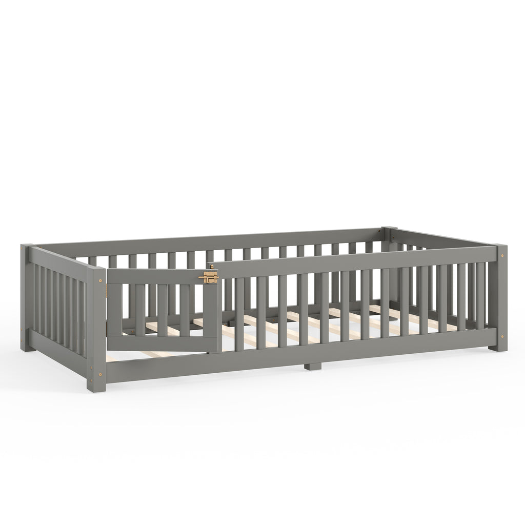 Twin Size Bed Floor Bed with Safety Guardrails and Door for Kids, Gray
