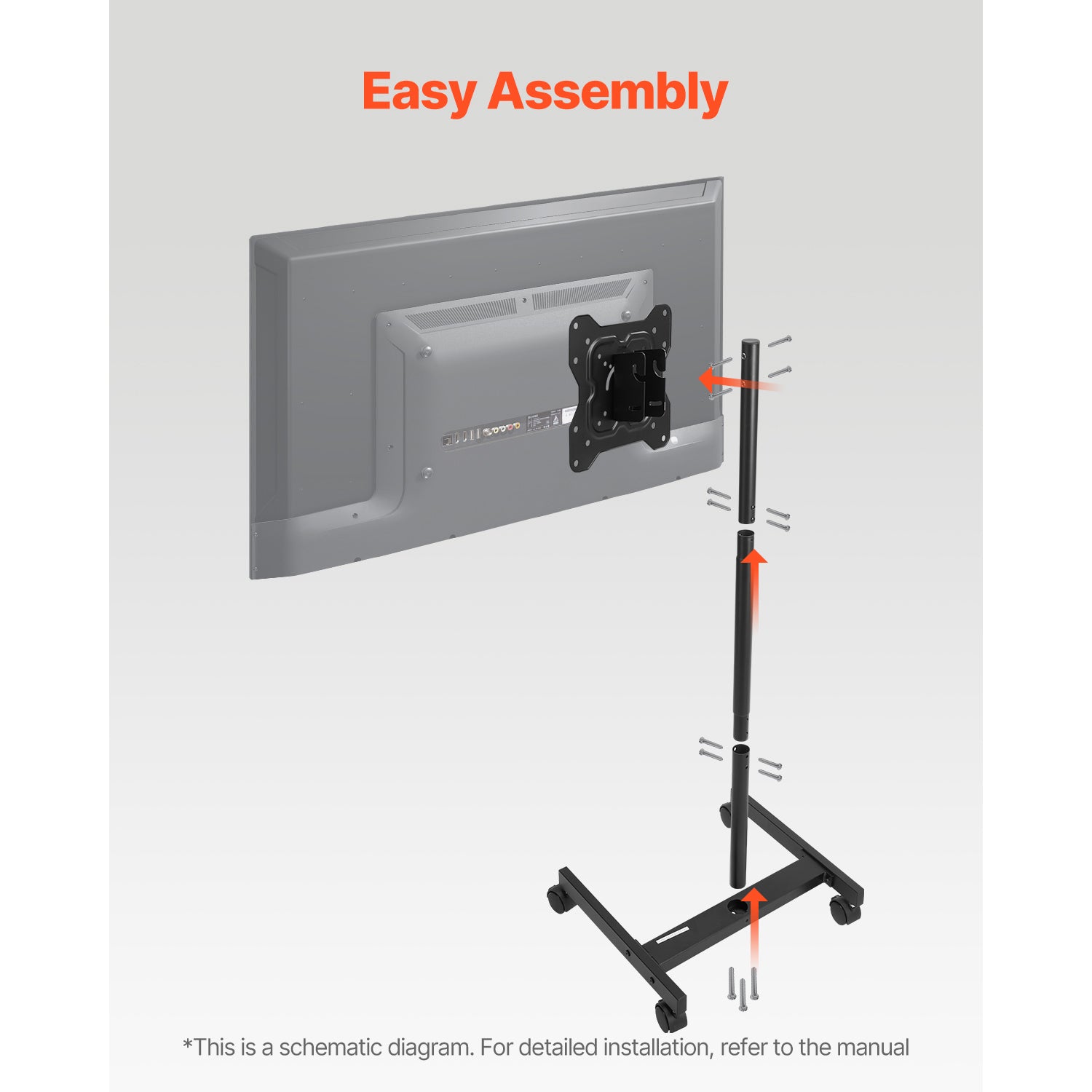 Rolling TV Stand, Mobile TV Cart for 17 55 Inch Screens, Portrait to Landscape, Portable TV Stand with Wheels Holds up to 44 lbs for Living Room, Bedroom, Office, Outdoor, Max VESA 200x200mm