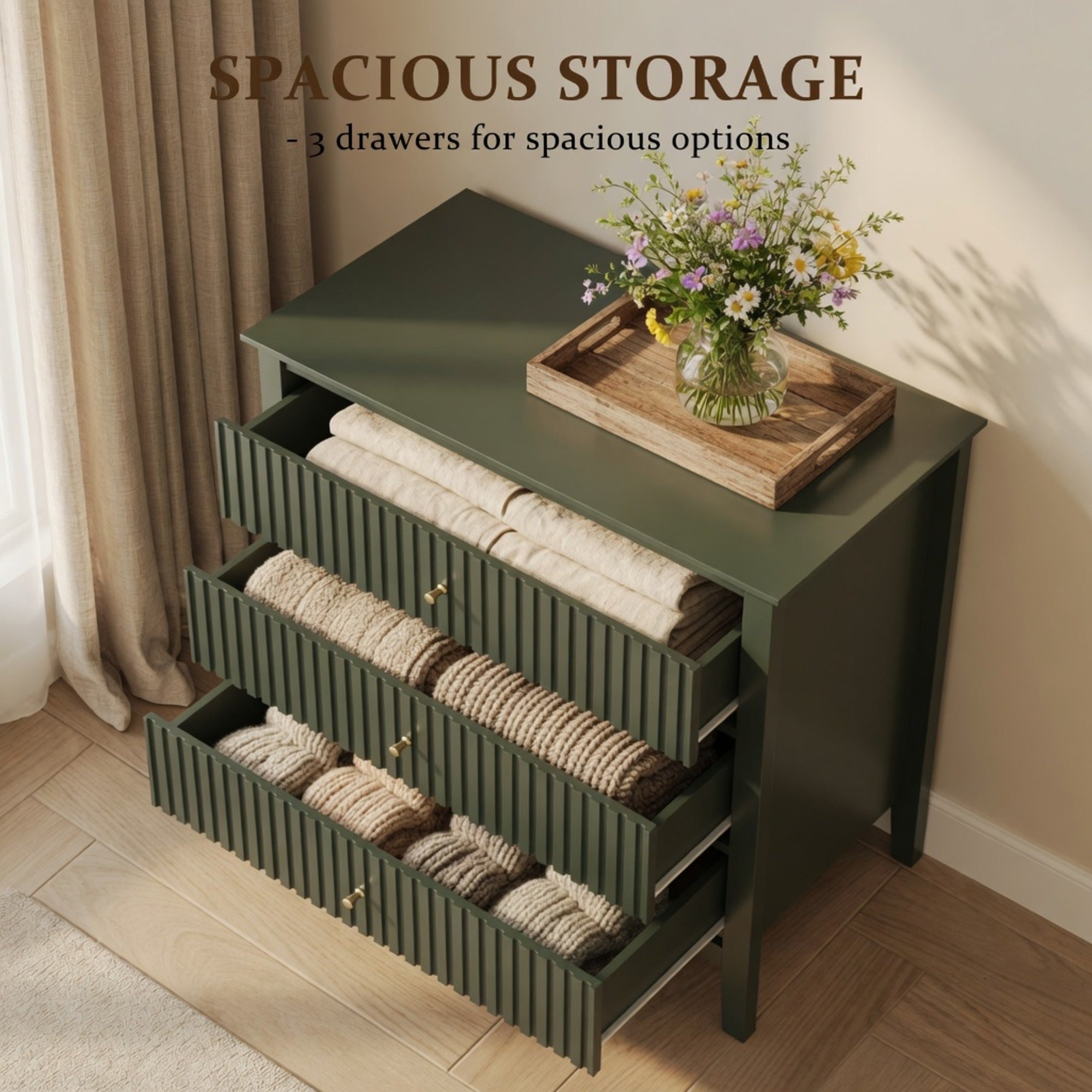 32" Wide Green Fluted 3 Drawer Nightstand, Large Modern Bedroom End Table