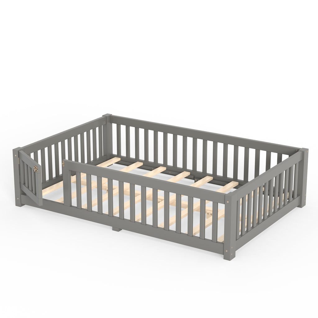 Full Size Bed Floor Bed with Safety Guardrails and Door for Kids, Gray