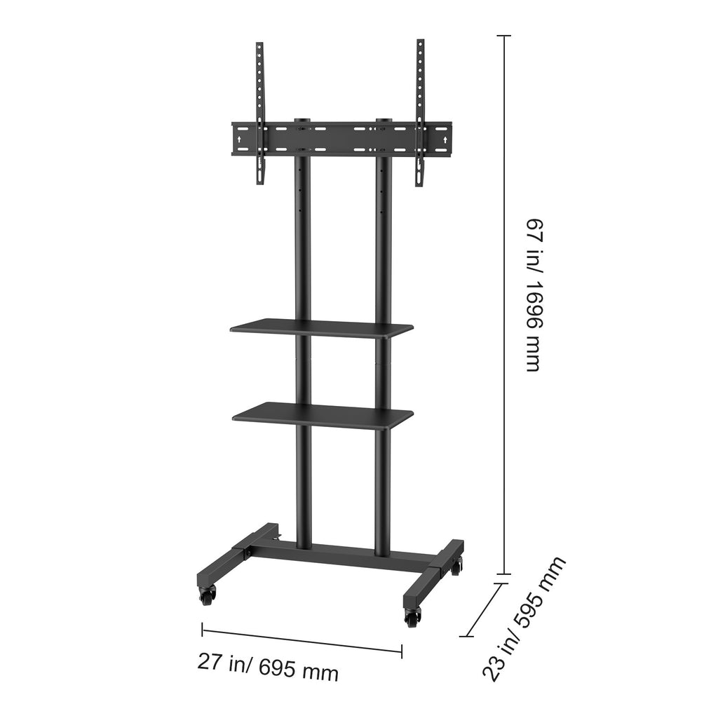 Mobile TV Stand, Mobile TV Cart for 32 to 70 inch TVs, Height Adjustable Portable TV Stand with Wheels, Double Tray for Audio Visual Devices, Rolling TV Stand with Mount for Bedroom, Living Room
