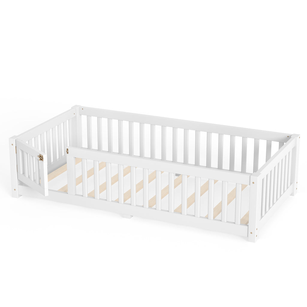 Twin Size Bed Floor Bed with Safety Guardrails and Door for Kids, White