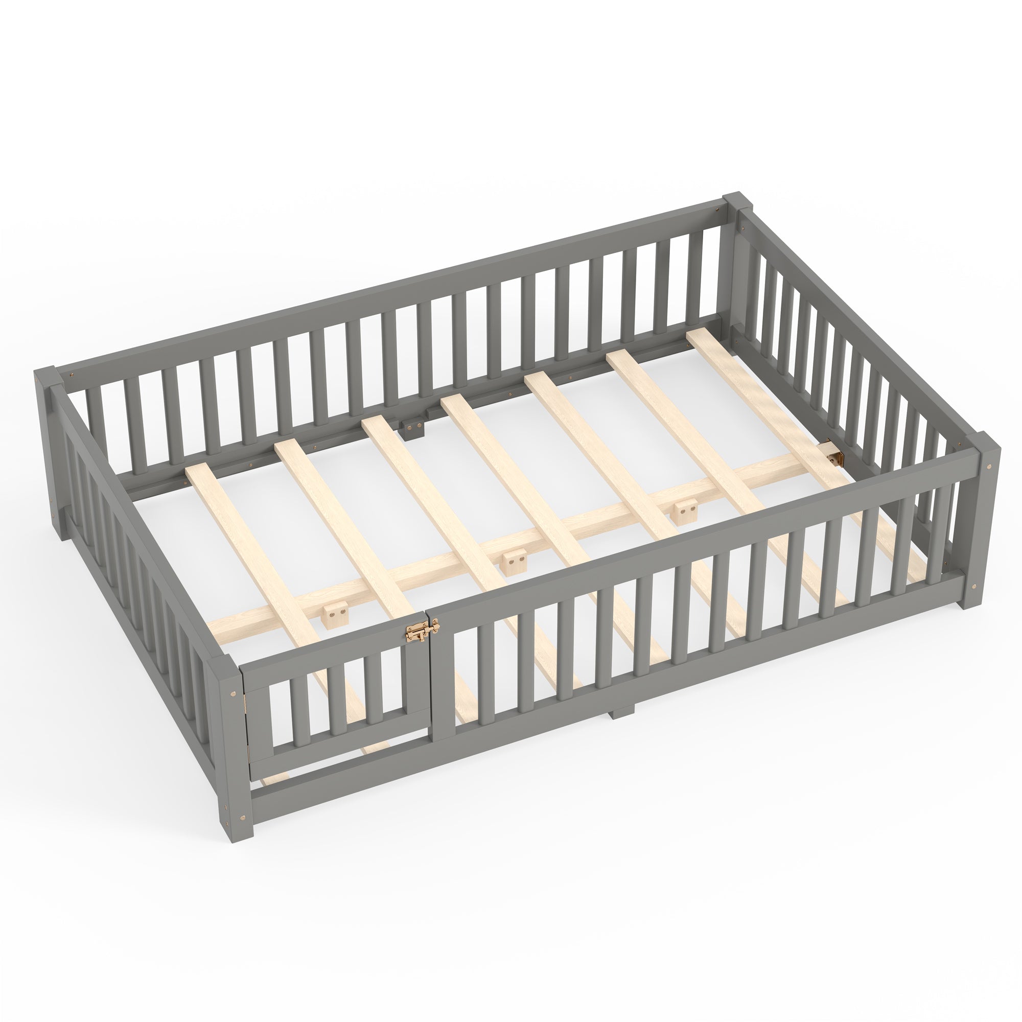 Full Size Bed Floor Bed with Safety Guardrails and Door for Kids, Gray