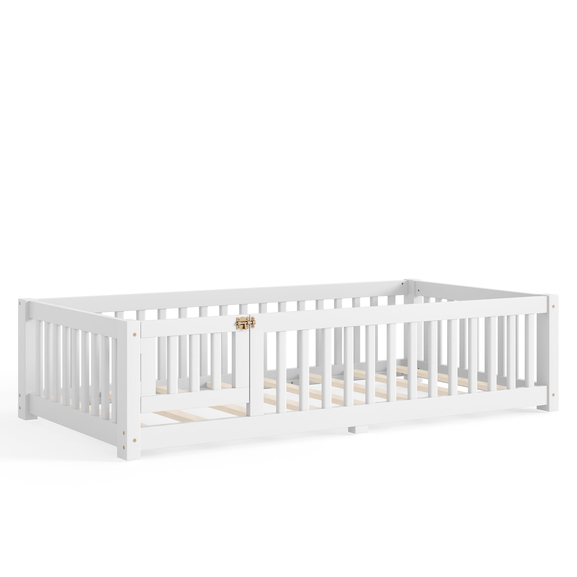 Twin Size Bed Floor Bed with Safety Guardrails and Door for Kids, White
