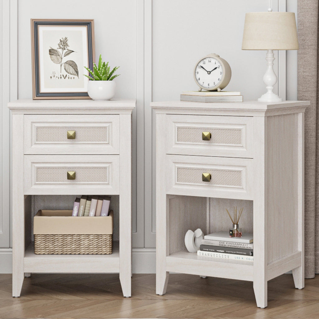 Farmhouse Nightstand, Boho Bedside Table with 2 Rattan Decor Drawers, Accent End Table with Open Storage Shelf, Wood Bedside Unit for Bedroom, Living Room, Home Office, Grayish White
