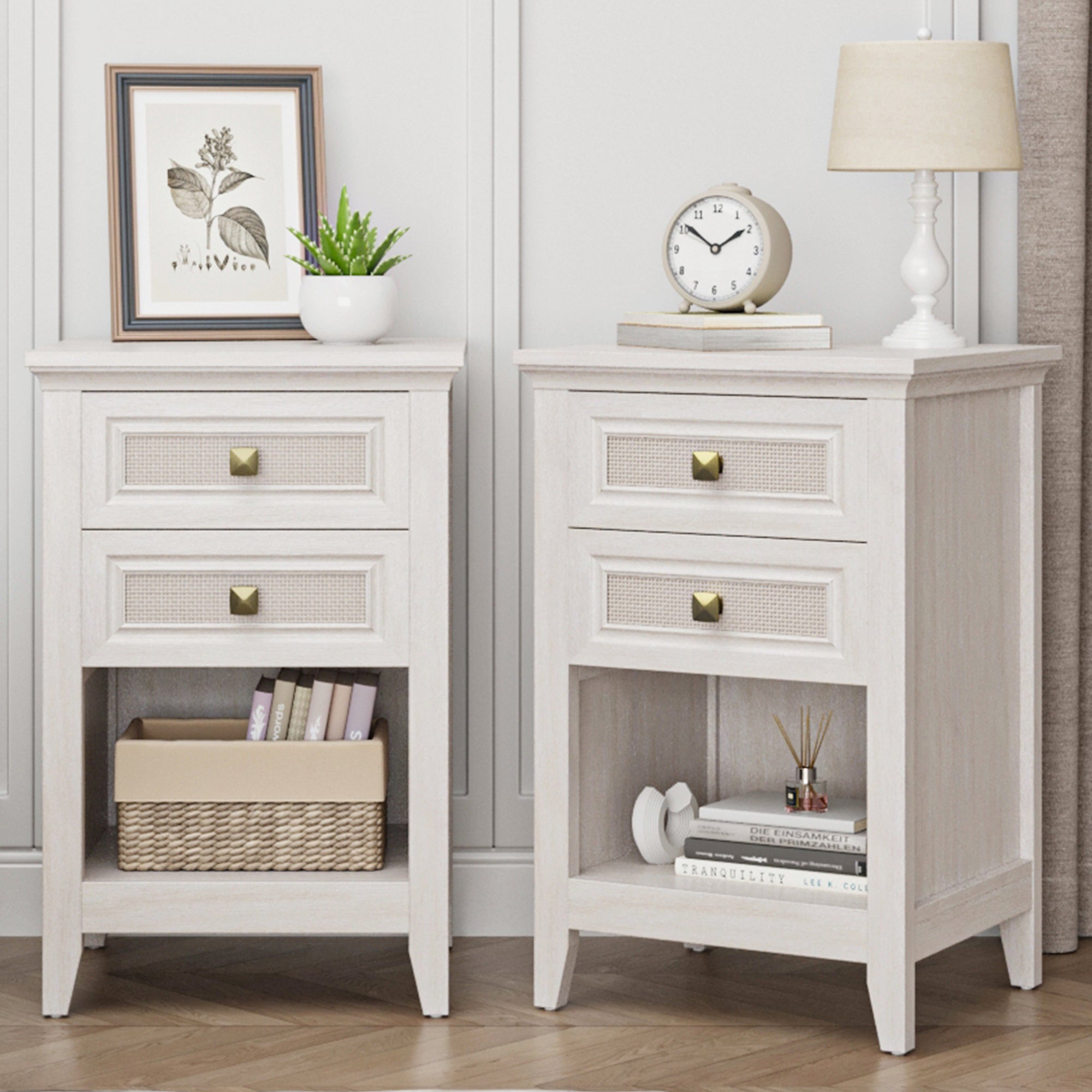 Farmhouse Nightstand, Boho Bedside Table with 2 Rattan Decor Drawers, Accent End Table with Open Storage Shelf, Wood Bedside Unit for Bedroom, Living Room, Home Office, Grayish White