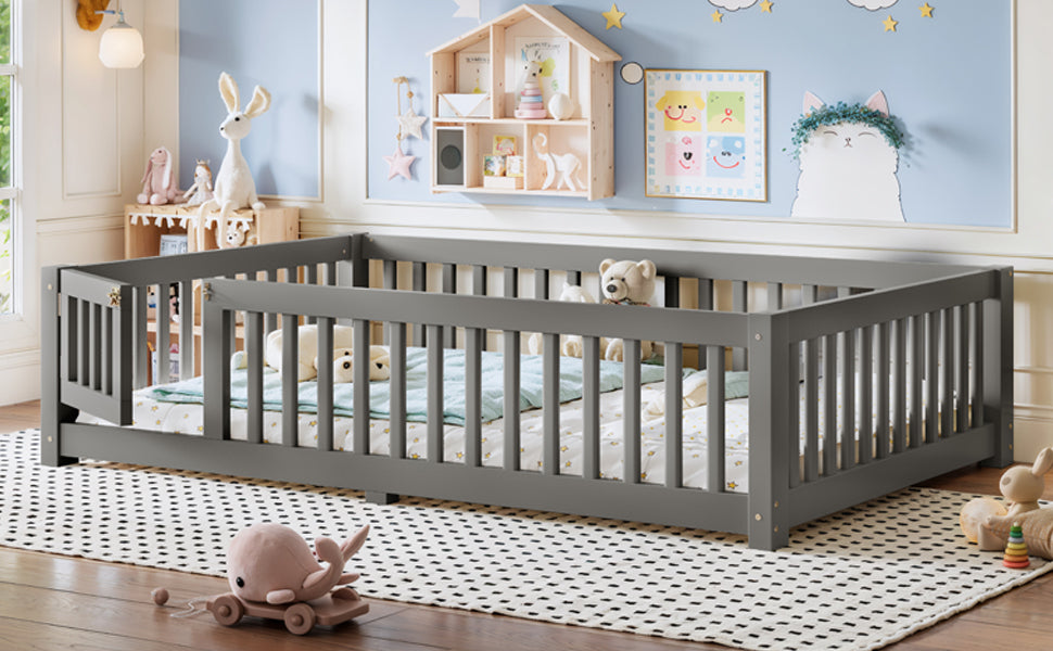 Full Size Bed Floor Bed with Safety Guardrails and Door for Kids, Gray
