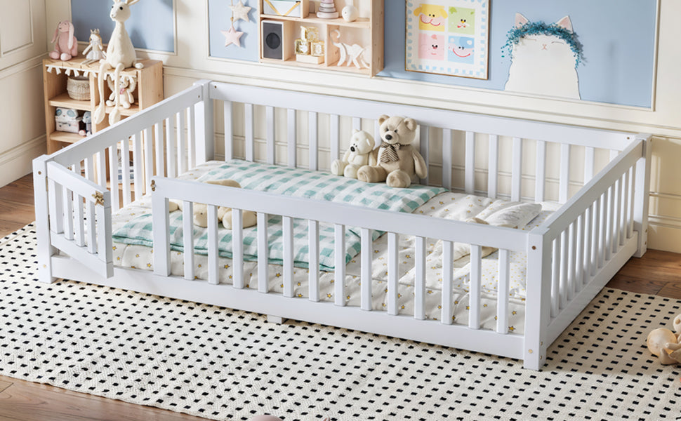 Full Size Bed Floor Bed with Safety Guardrails and Door for Kids, White