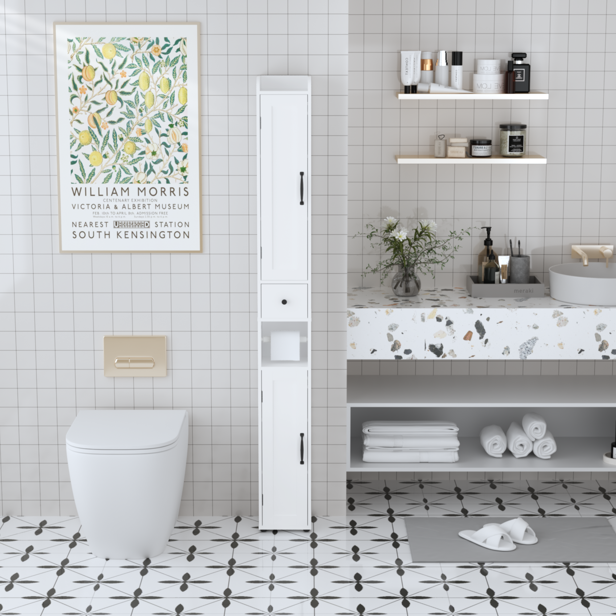 67.51" Tall Bathroom Storage Cabinet with Adjustable Shelves,Slim 2 Doors Freestanding Cabinet with Anti Tip, Open compartments, for Home, Small Spaces, Bathroom,Kitchen, Living Room, White