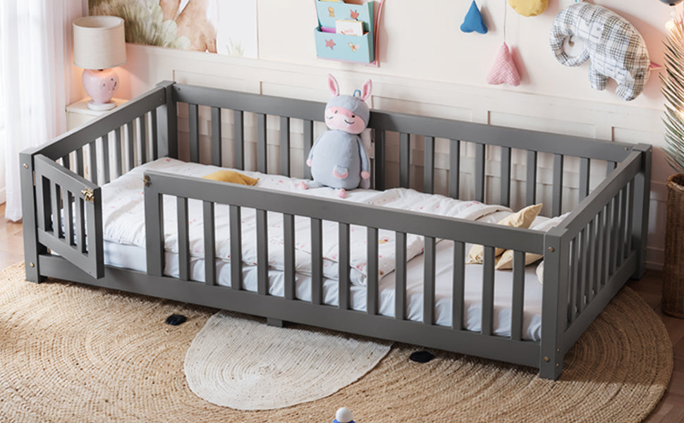 Twin Size Bed Floor Bed with Safety Guardrails and Door for Kids, Gray