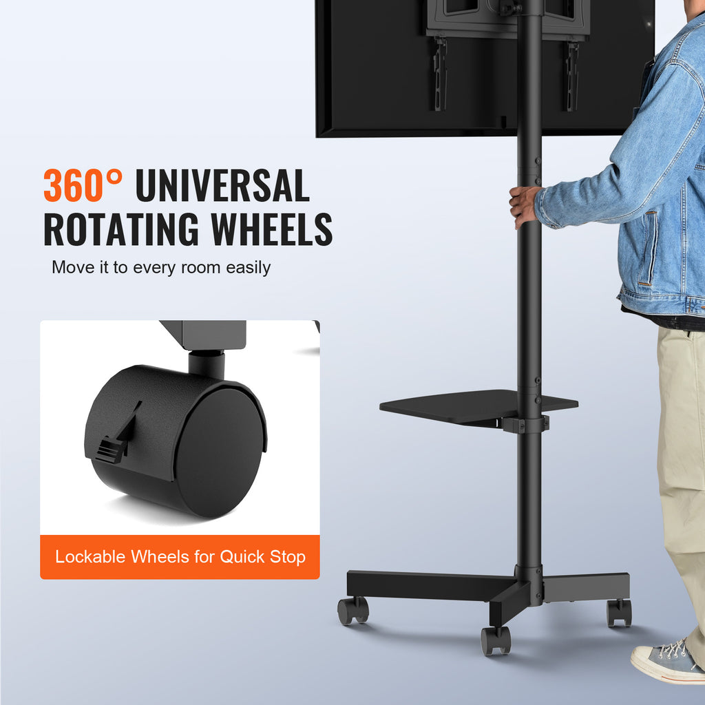 Mobile TV Stand, Mobile TV Cart for 23 to 60 inch TVs, Height Adjustable Portable TV Stand with Wheels, with A Tray for Audio Visual Devices, Rolling TV Stand with Mount for Bedroom, Living Room