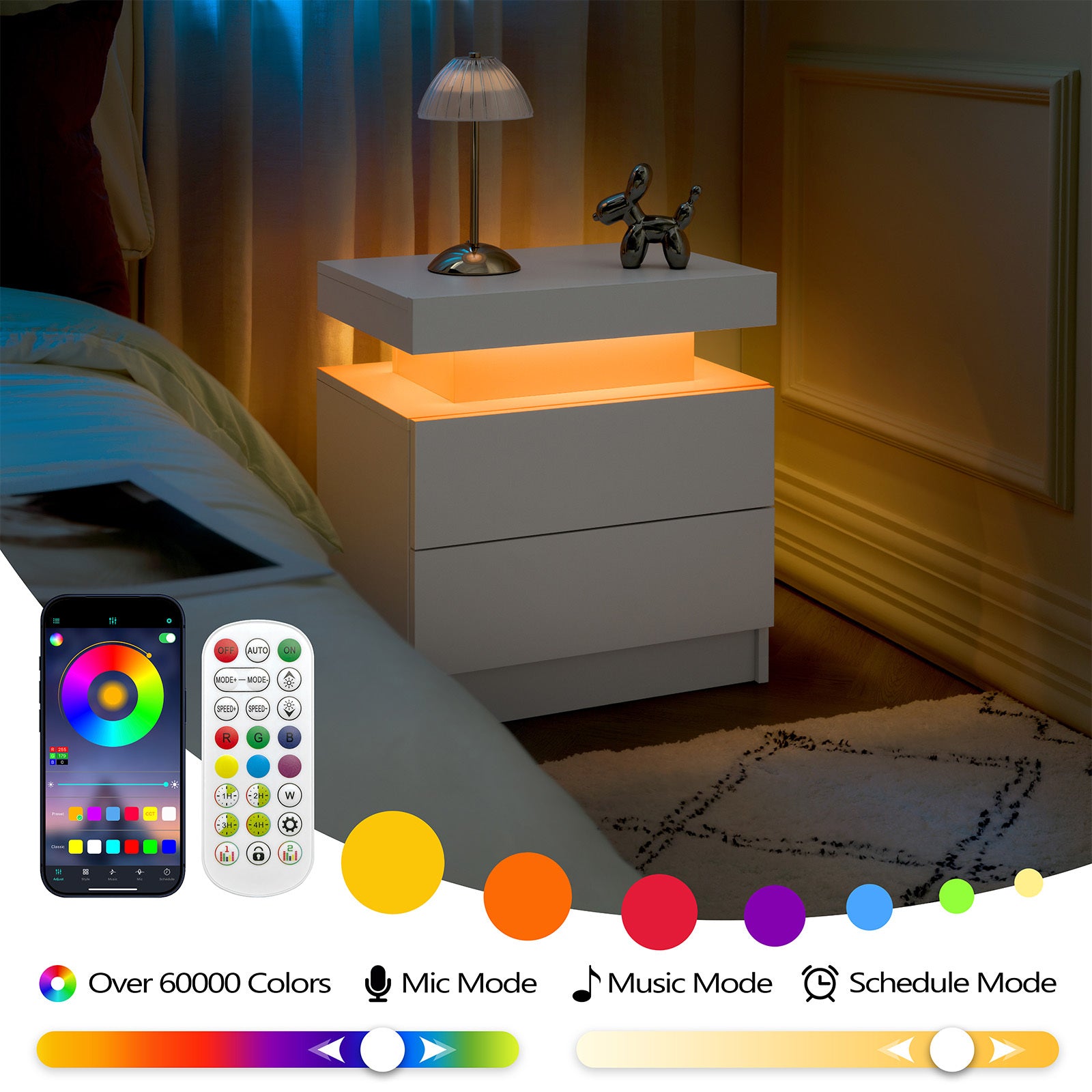 LED Nightstands Set of 2, Bedside Table Cabinet Lights Modern End Side with 2 Drawers for Bedroom White
