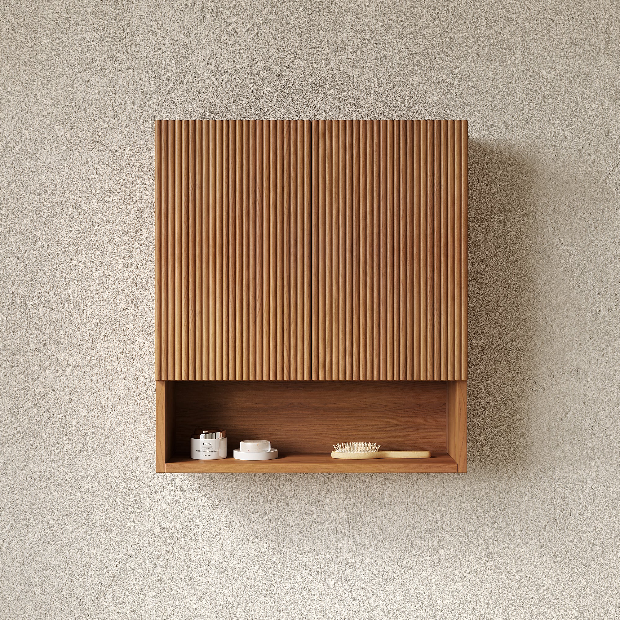 TOBI 26" Wall Mounted Striped Bathroom Cabinet, with Doors, Shelf and Open Storage Compartment Over The Toilet Storage Cabinet for Bathroom, Kitchen, Laundry Room, Brown Oak Woodgrain Color