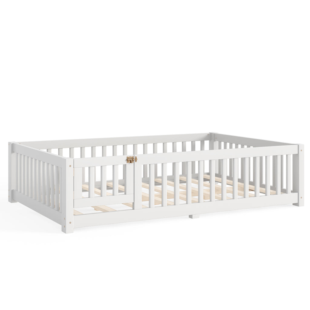 Full Size Bed Floor Bed with Safety Guardrails and Door for Kids, White