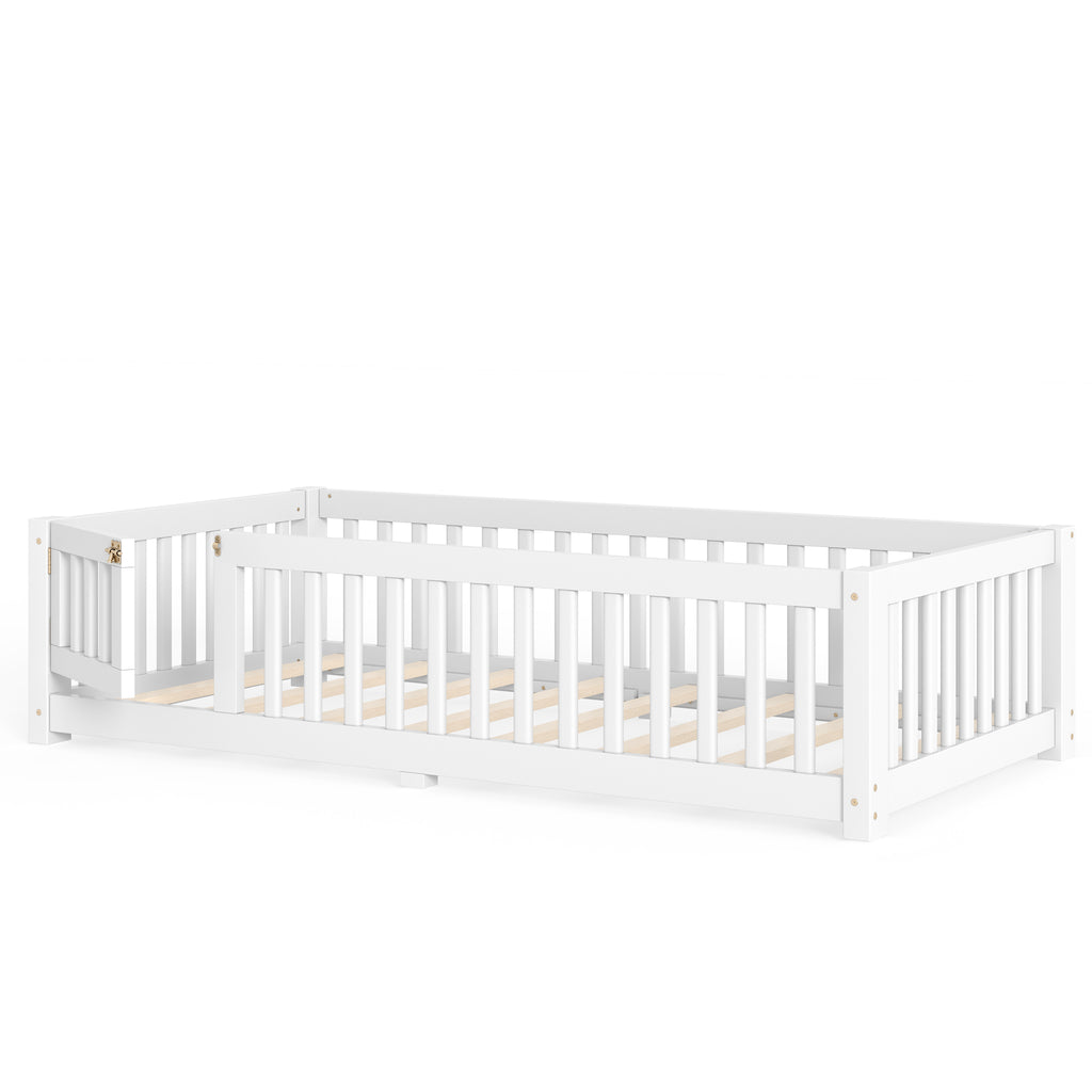 Twin Size Bed Floor Bed with Safety Guardrails and Door for Kids, White