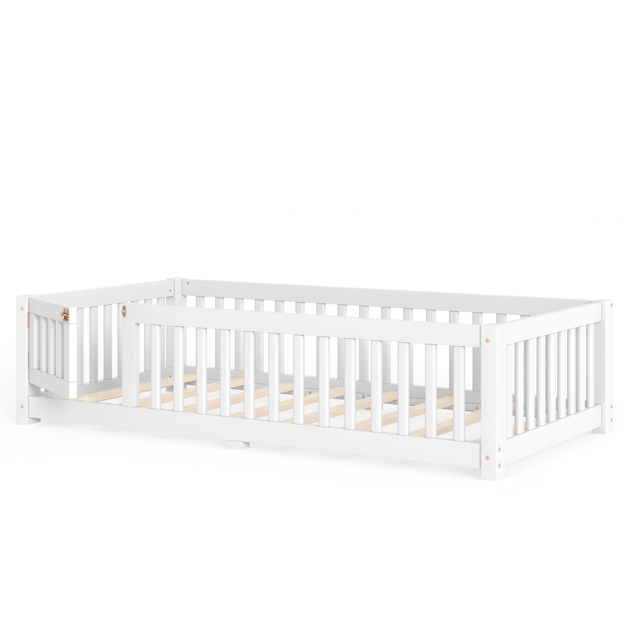 Twin Size Bed Floor Bed with Safety Guardrails and Door for Kids, White
