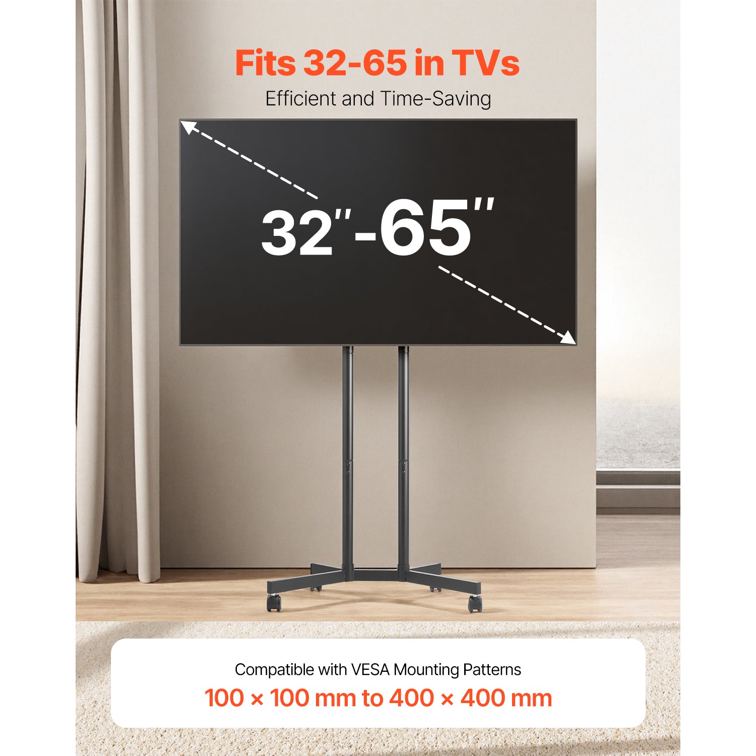 Rolling TV Stand, Mobile TV Cart for 32 65 Inch Screens, Height Adjustable, Portable Monitor Stand with Wheels Holds up to 88 lbs for Living Room, Bedroom, Office, Outdoor, Max VESA 400x400mm