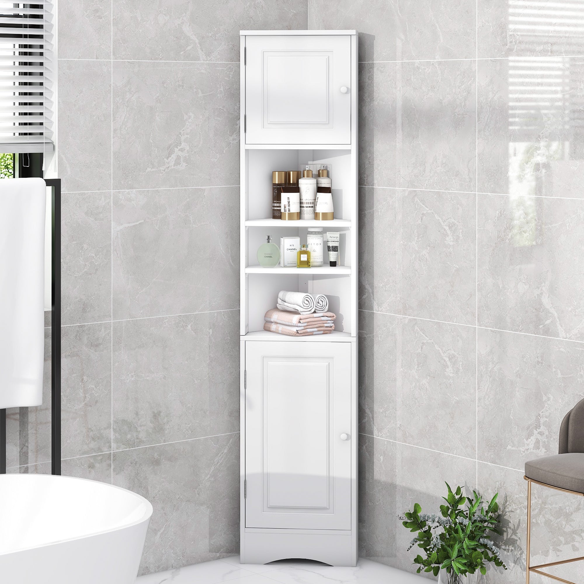 Multi Functional Corner Cabinet Tall Bathroom Storage Cabinet with Two Doors and Adjustable Shelves, Open Shelf, White Old Sku:WF294602AAK