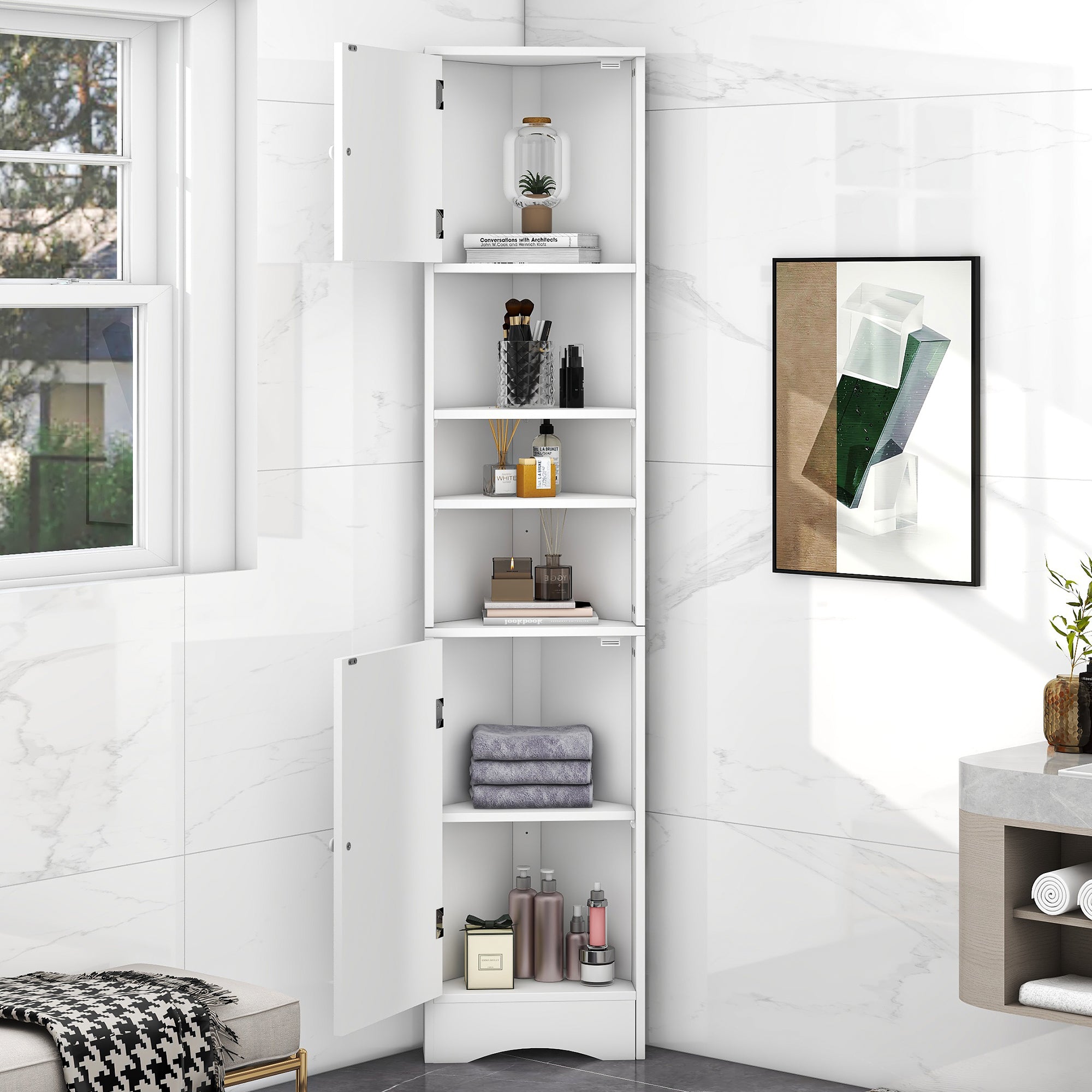 Multi Functional Corner Cabinet Tall Bathroom Storage Cabinet with Two Doors and Adjustable Shelves, Open Shelf, White Old Sku:WF294602AAK