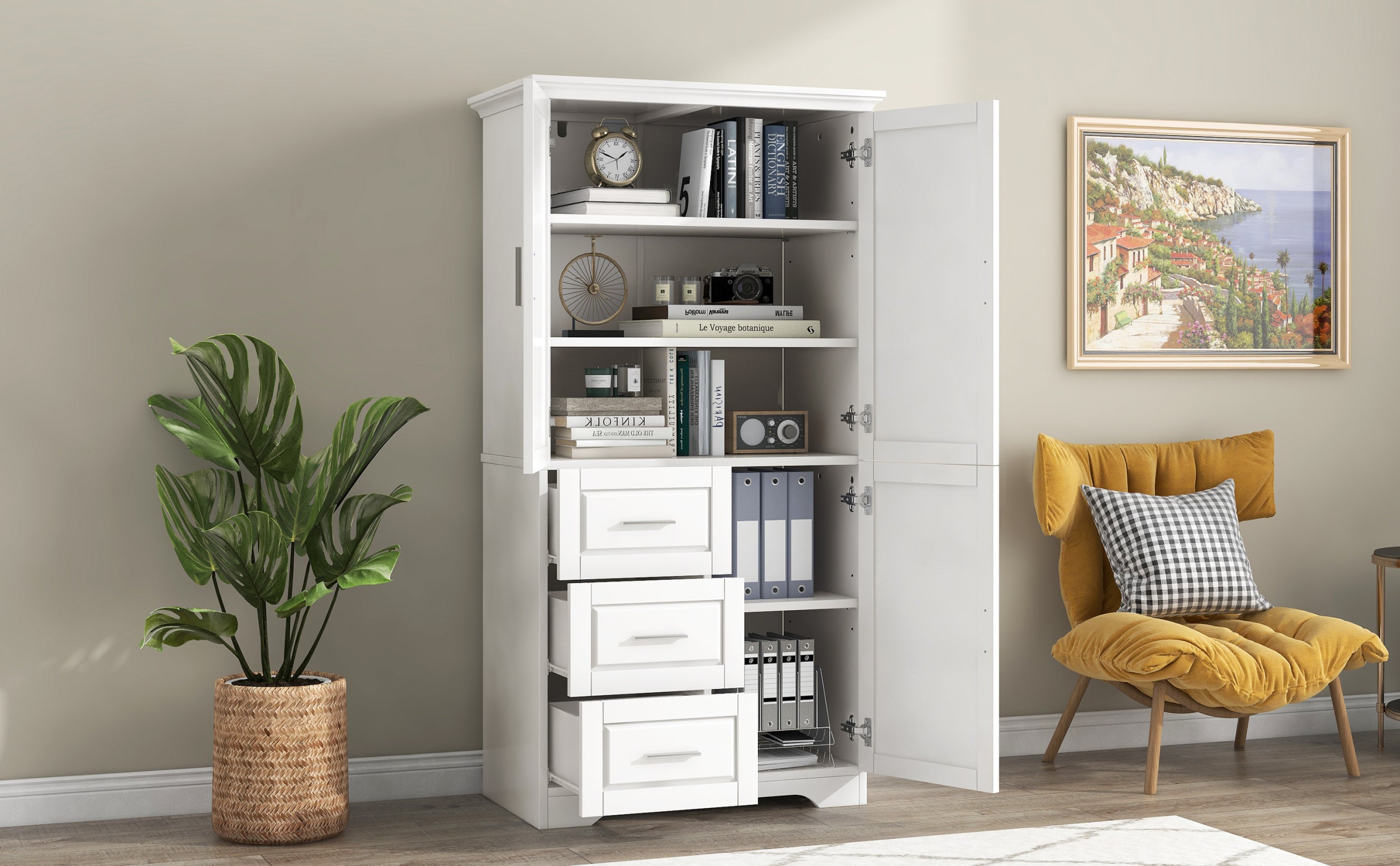 Tall and Wide Storage Cabinet with Doors for Bathroom Office, Three Drawers, White Old SKU: N725P331357K WF299285AAK