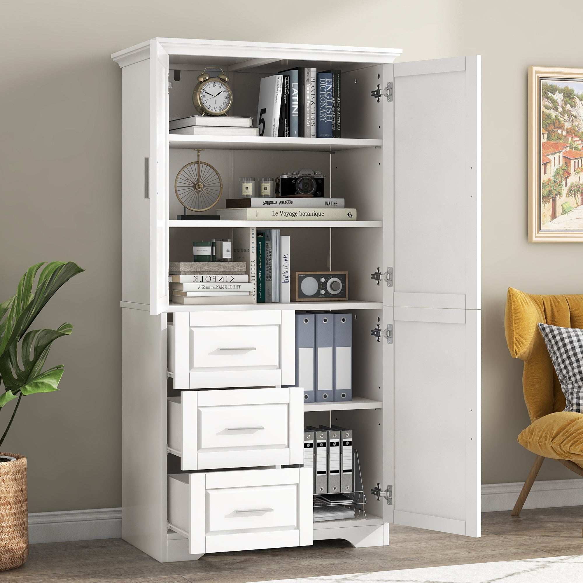 Tall and Wide Storage Cabinet with Doors for Bathroom Office, Three Drawers, White Old SKU: N725P331357K WF299285AAK