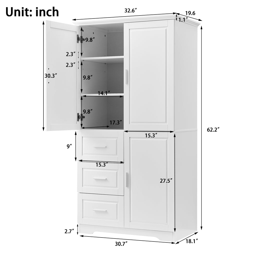 Tall and Wide Storage Cabinet with Doors for Bathroom Office, Three Drawers, White Old SKU: N725P331357K WF299285AAK