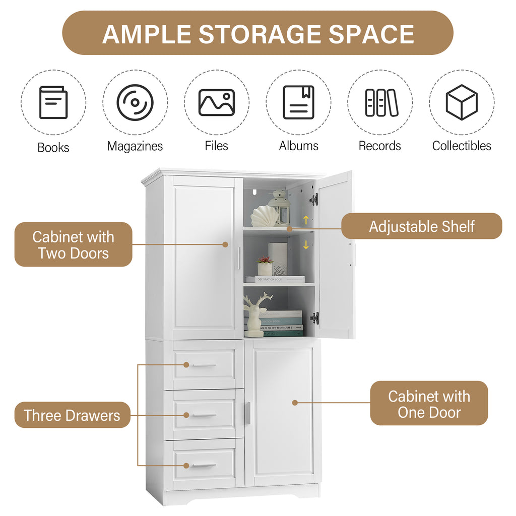 Tall and Wide Storage Cabinet with Doors for Bathroom Office, Three Drawers, White Old SKU: N725P331357K WF299285AAK