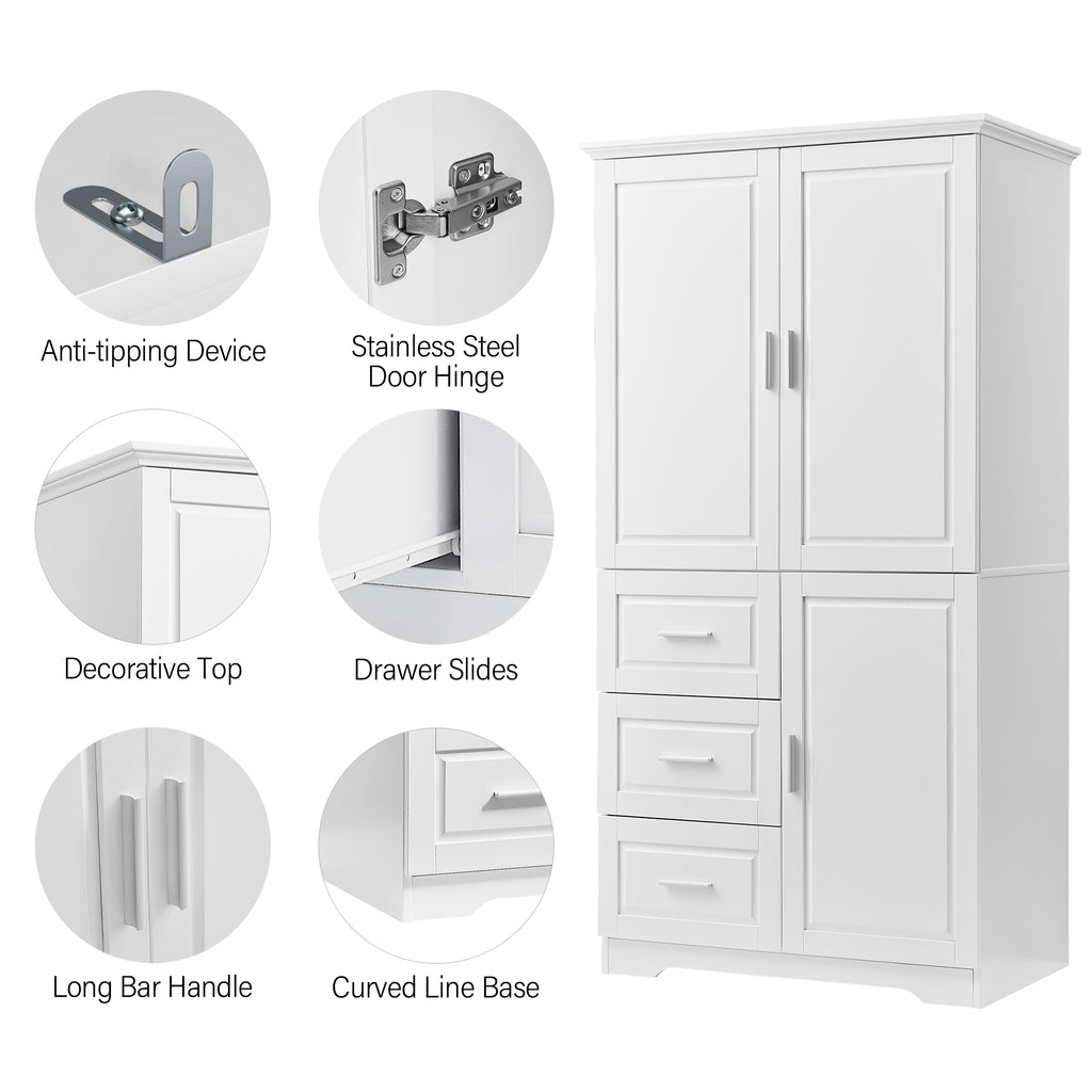 Tall and Wide Storage Cabinet with Doors for Bathroom Office, Three Drawers, White Old SKU: N725P331357K WF299285AAK